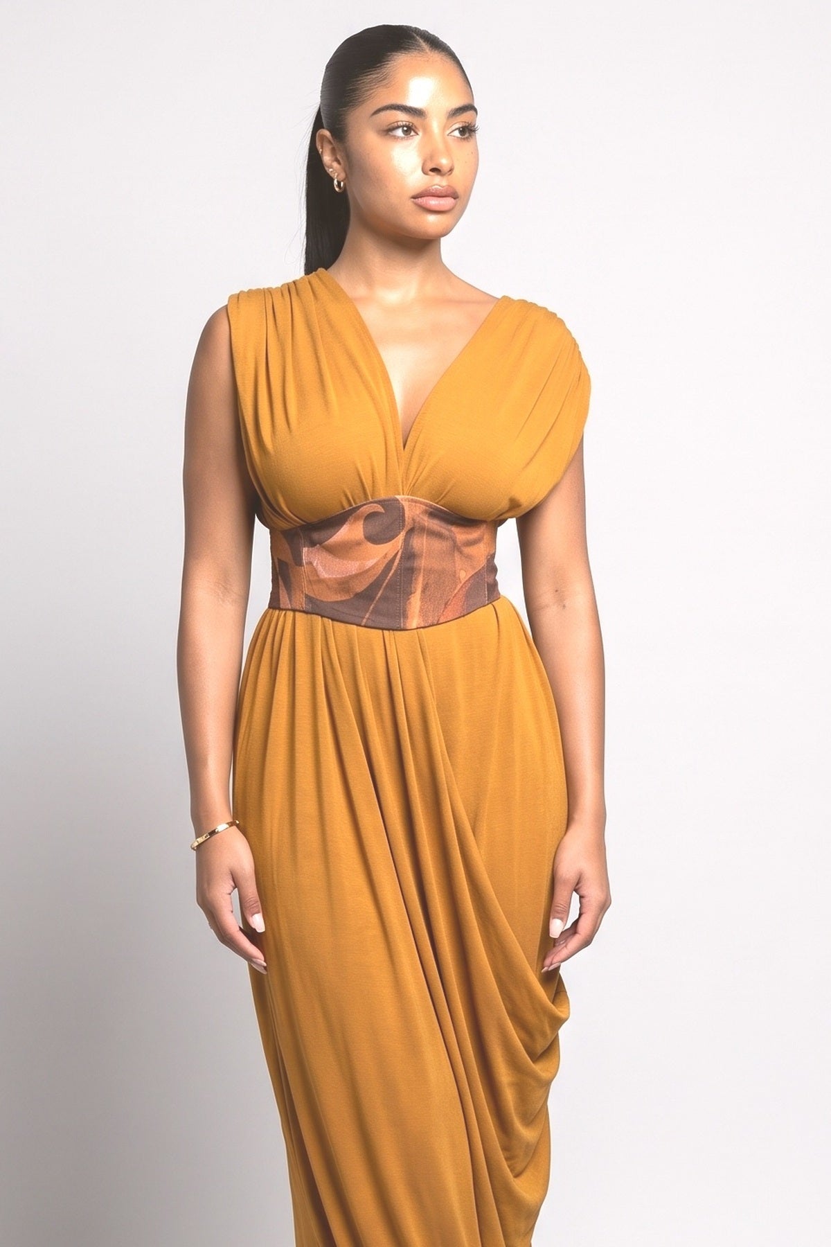 Yellow Print Knit Draped Maxi Dress, fabric detail