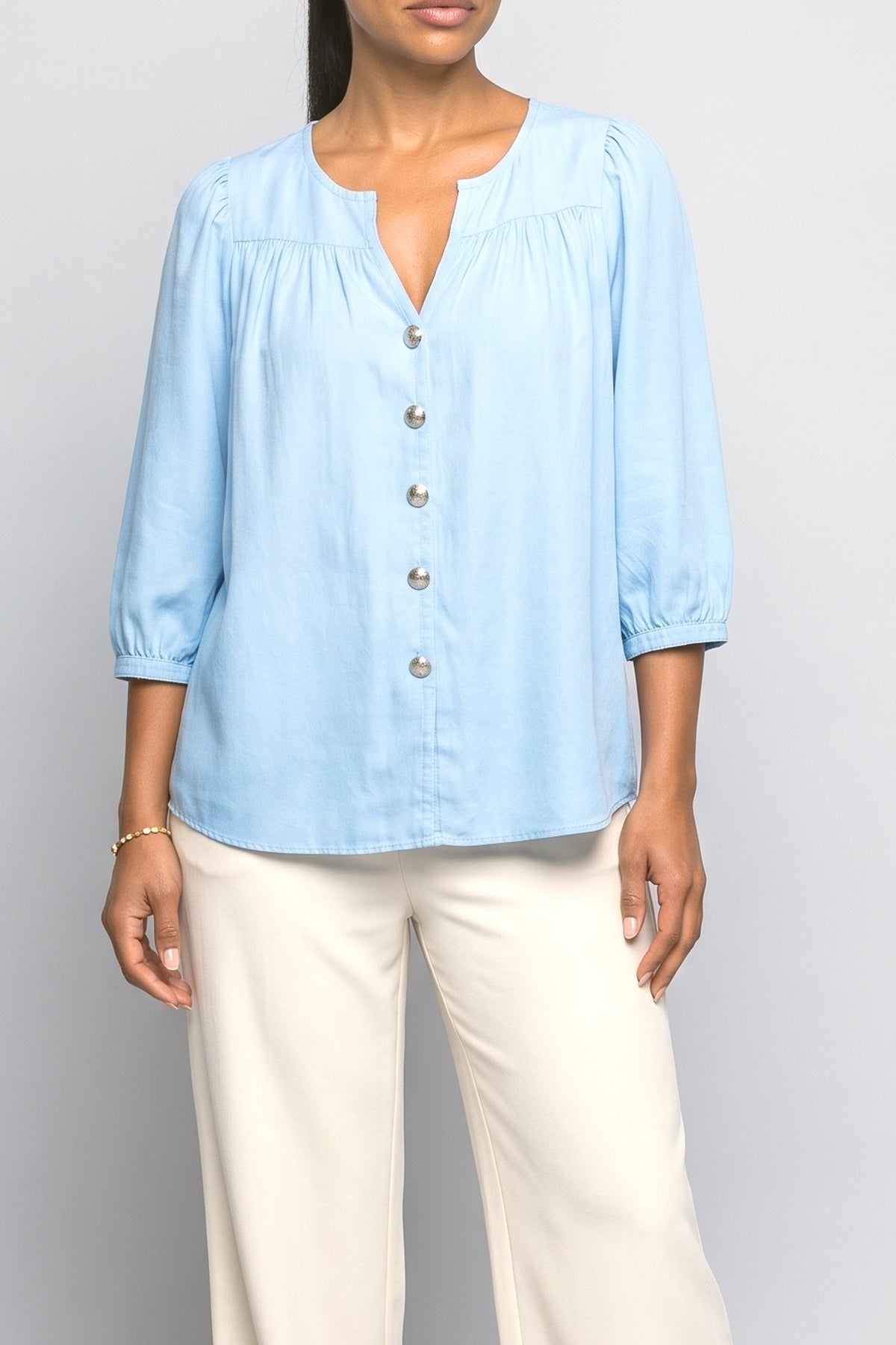 V-Neck Puff Sleeve Blouse, fabric detail