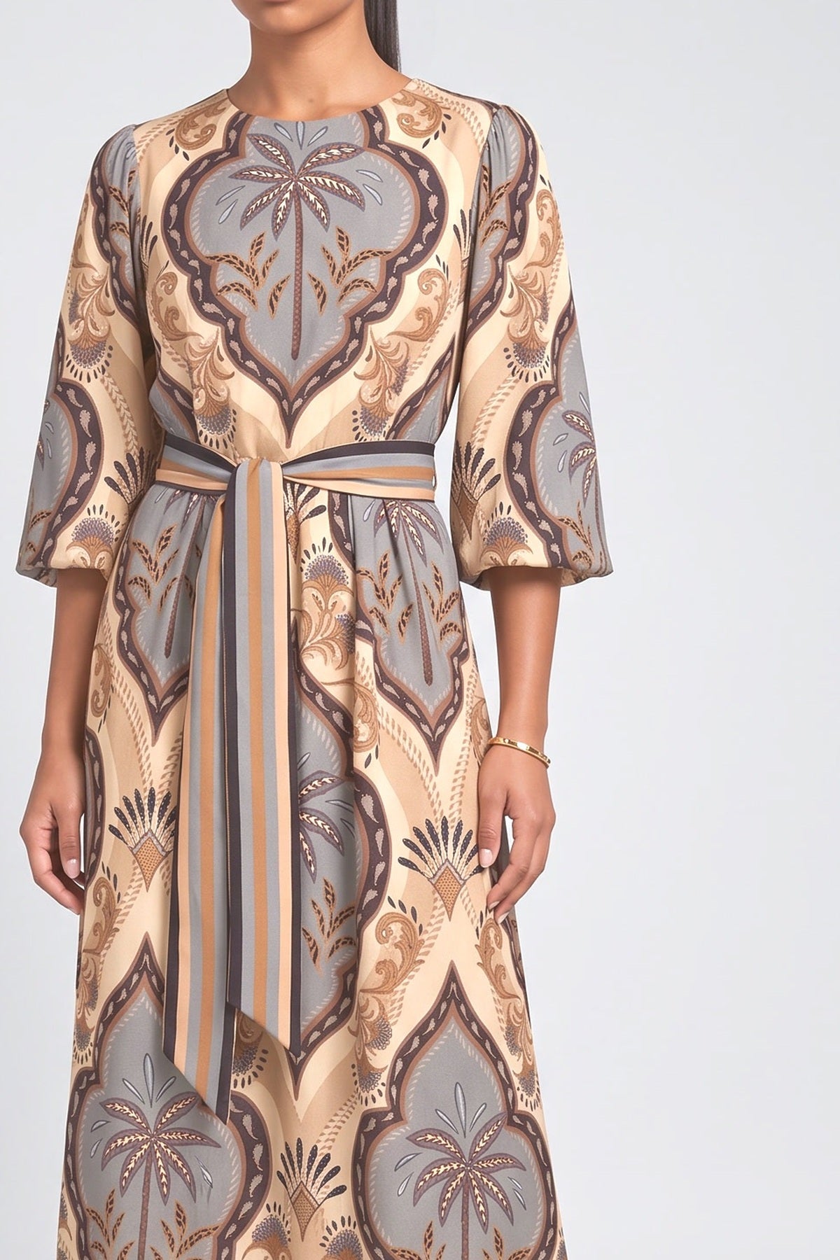 Vintage Palm Print Belted Maxi Dress, fabric detail