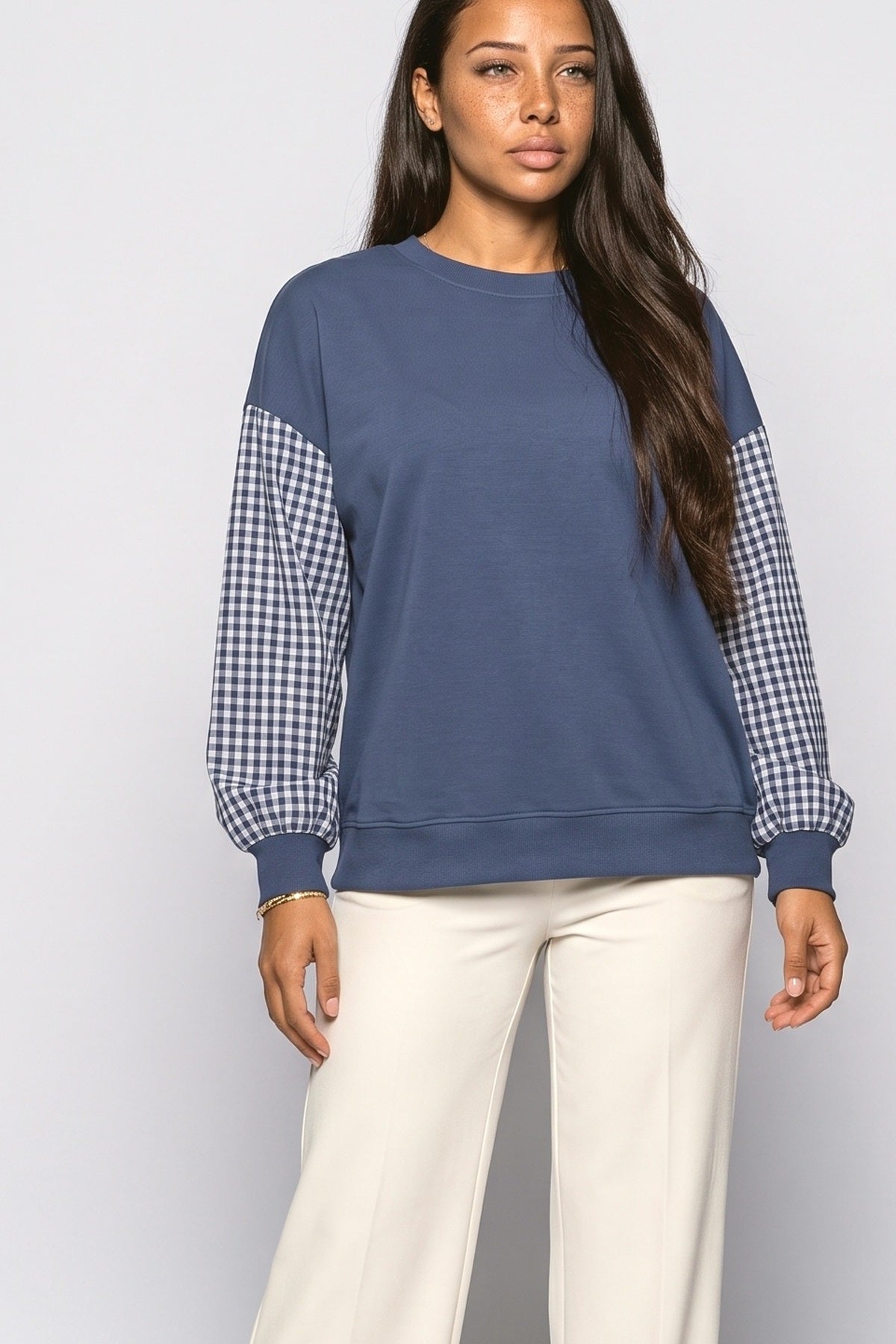 Crew Neck Plaid Relaxed Blouse, fabric detail