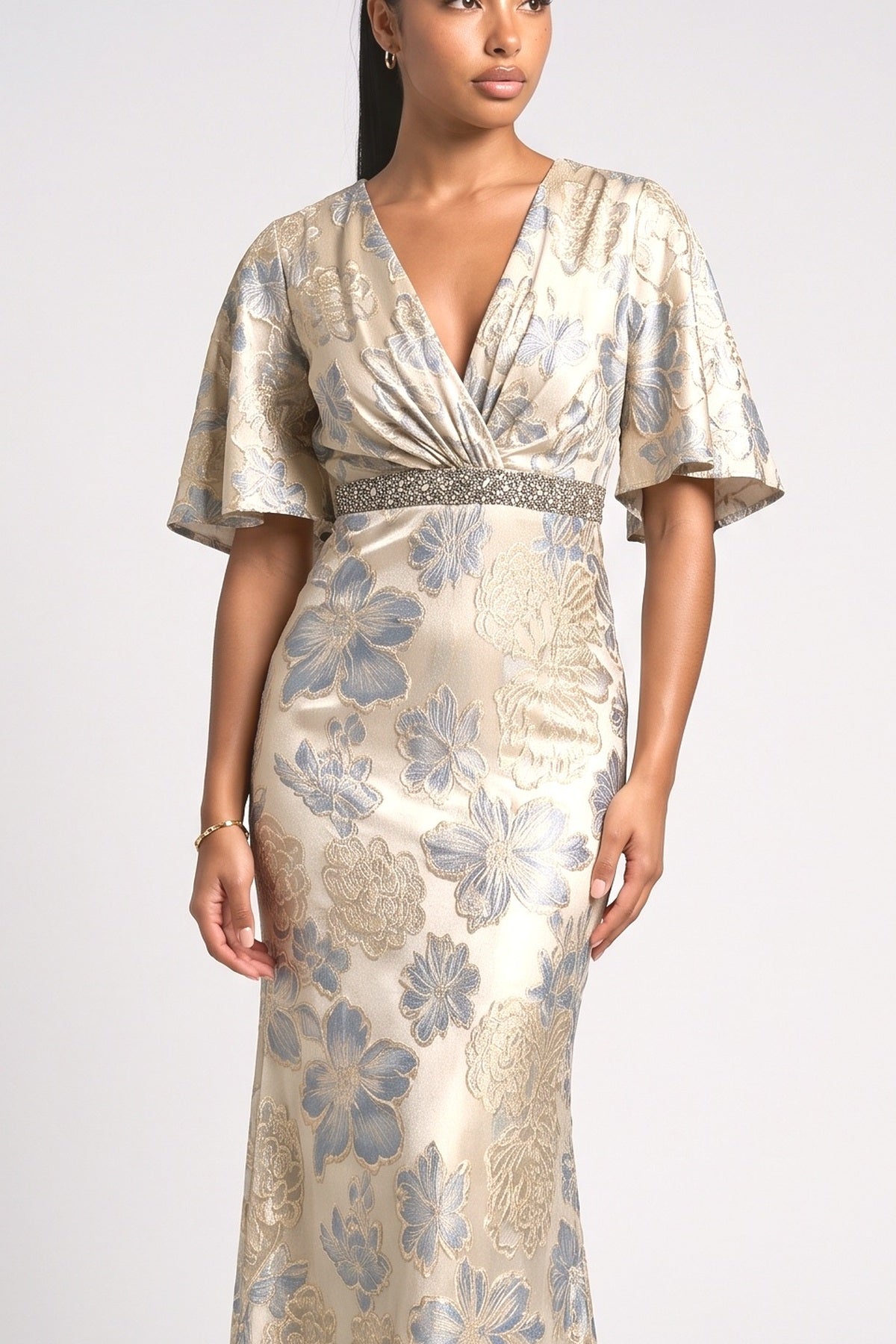 Floral Flutter Sleeve Mermaid Maxi Dress, fabric detail