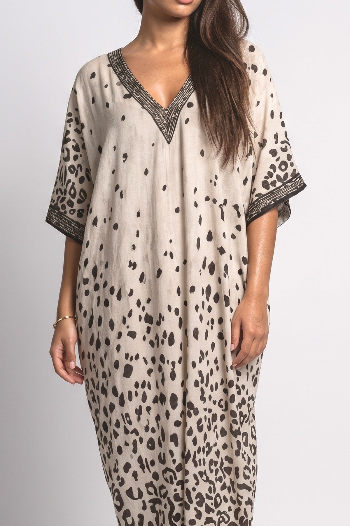 Beige Leopard V-Neck Batwing Sleeve Maxi Dress, fabric detail