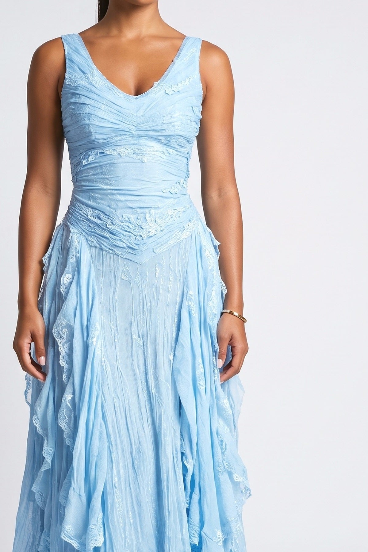 Pink Lace Ruffle Maxi Dress, fabric detail