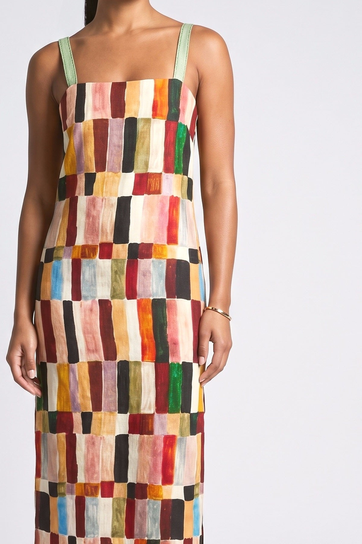 Multicolor Geometric Linen Backless Midi Dress, fabric detail