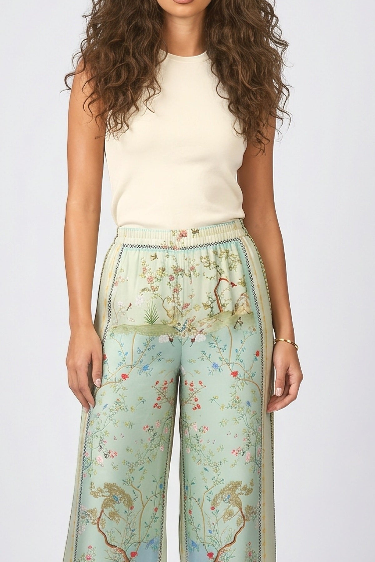 Digital Print Loose Elastic Waist Pocket Wide Leg Pants, fabric detail