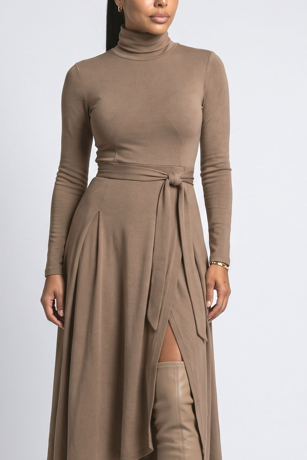 Brown Knit Turtleneck Midi Dress, fabric detail