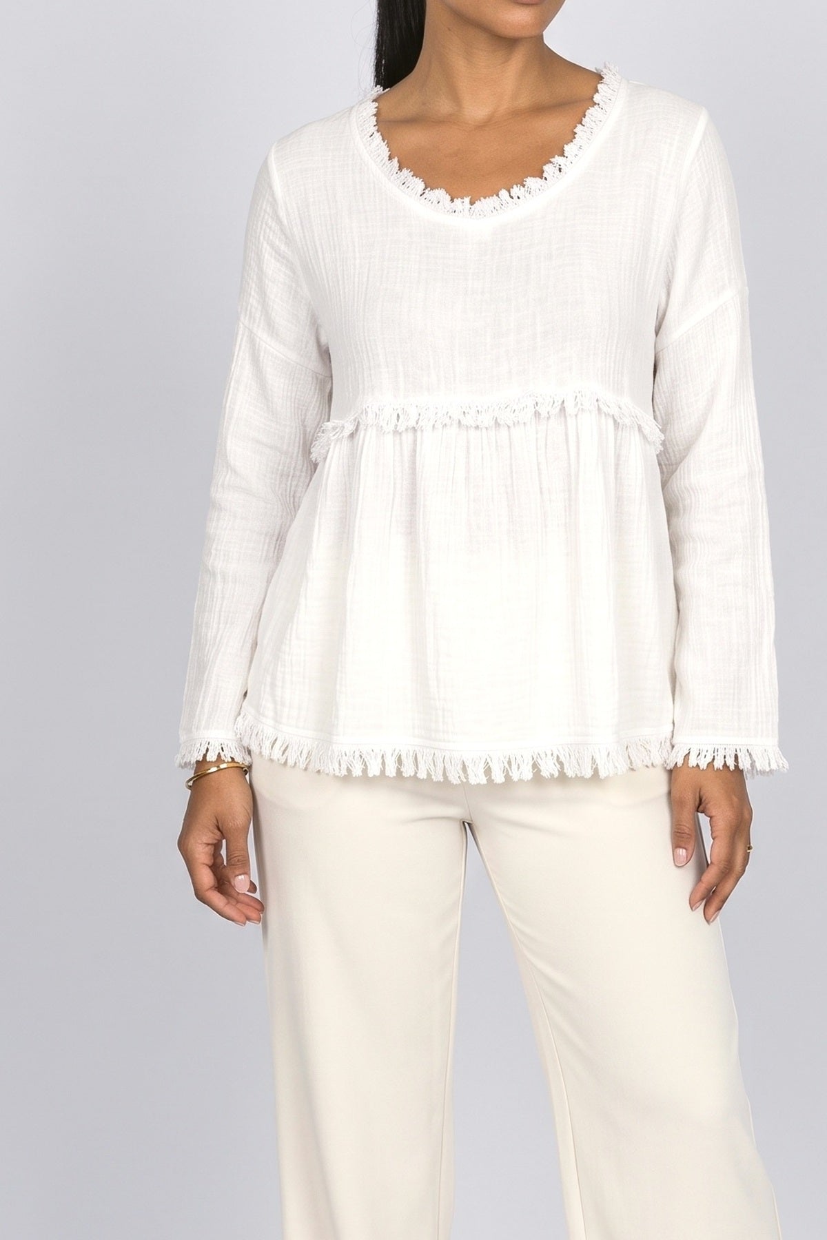 V-Neck Long Sleeve Fringe Blouse, fabric detail
