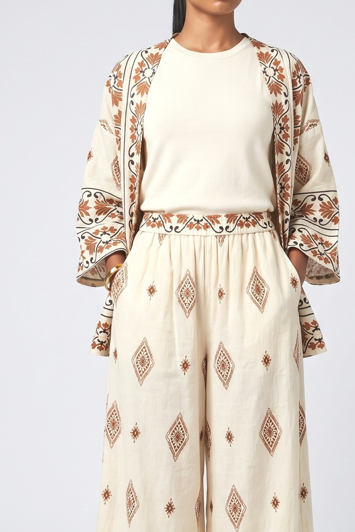 Ethnic Print Loose with Pockets Elastic Wide-Leg Pants, fabric detail