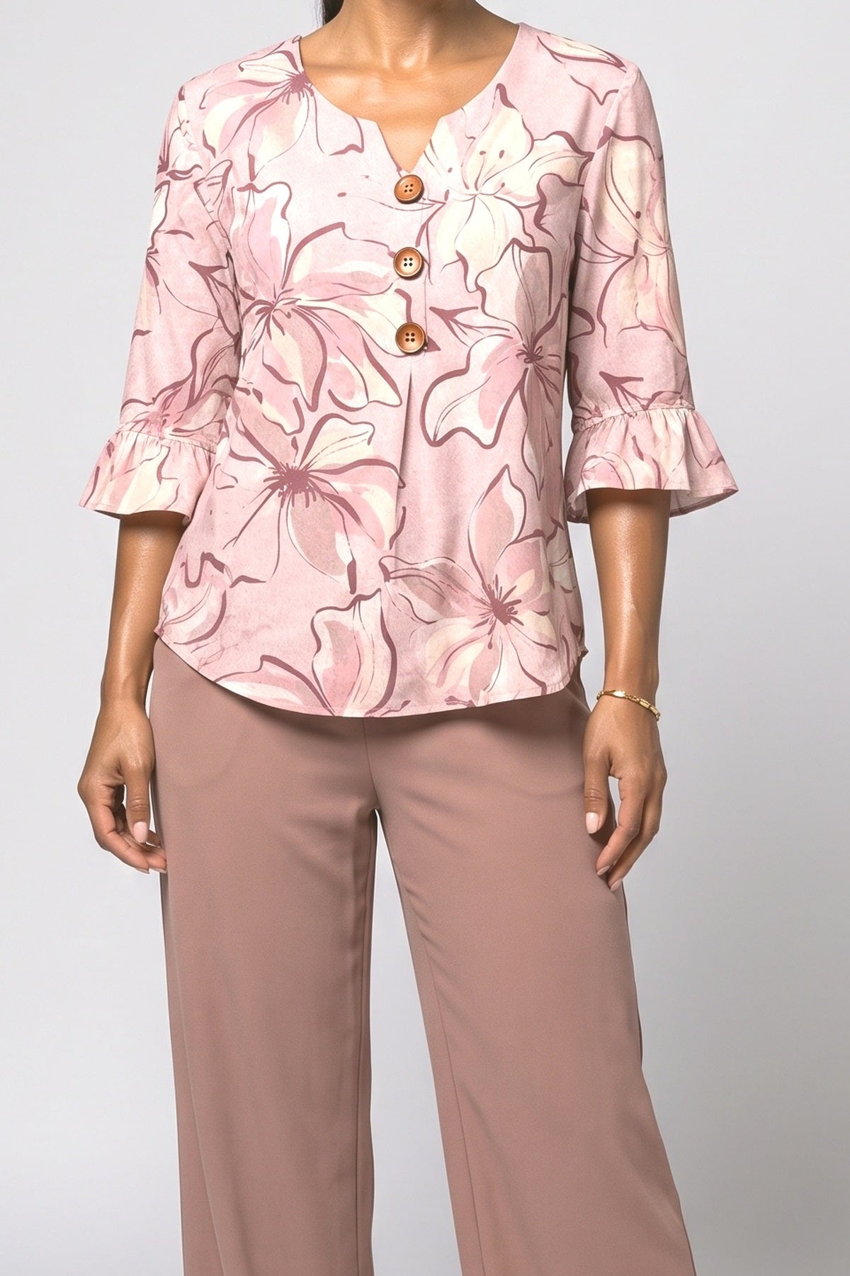 V-Neck Floral Ruffle Blouse, fabric detail