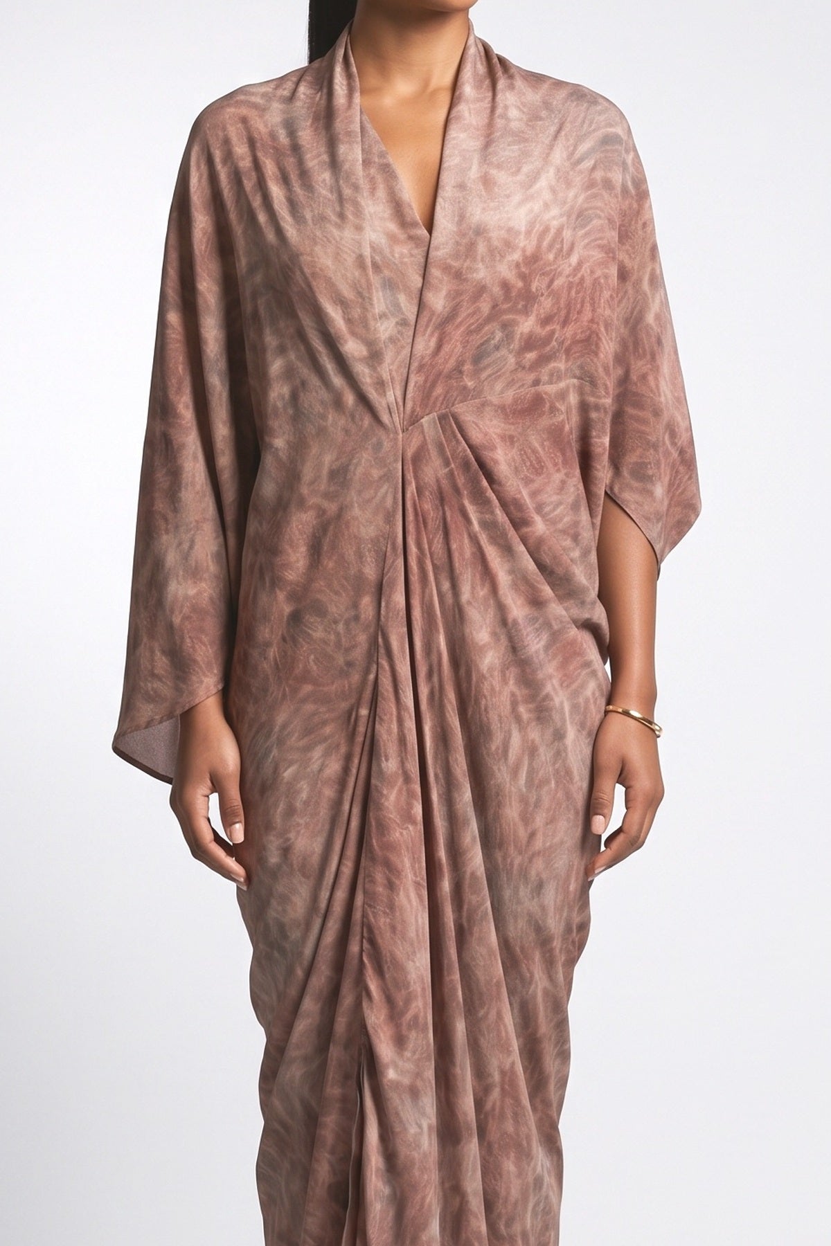 Brown Batwing Sleeve Draped Maxi Dress, fabric detail