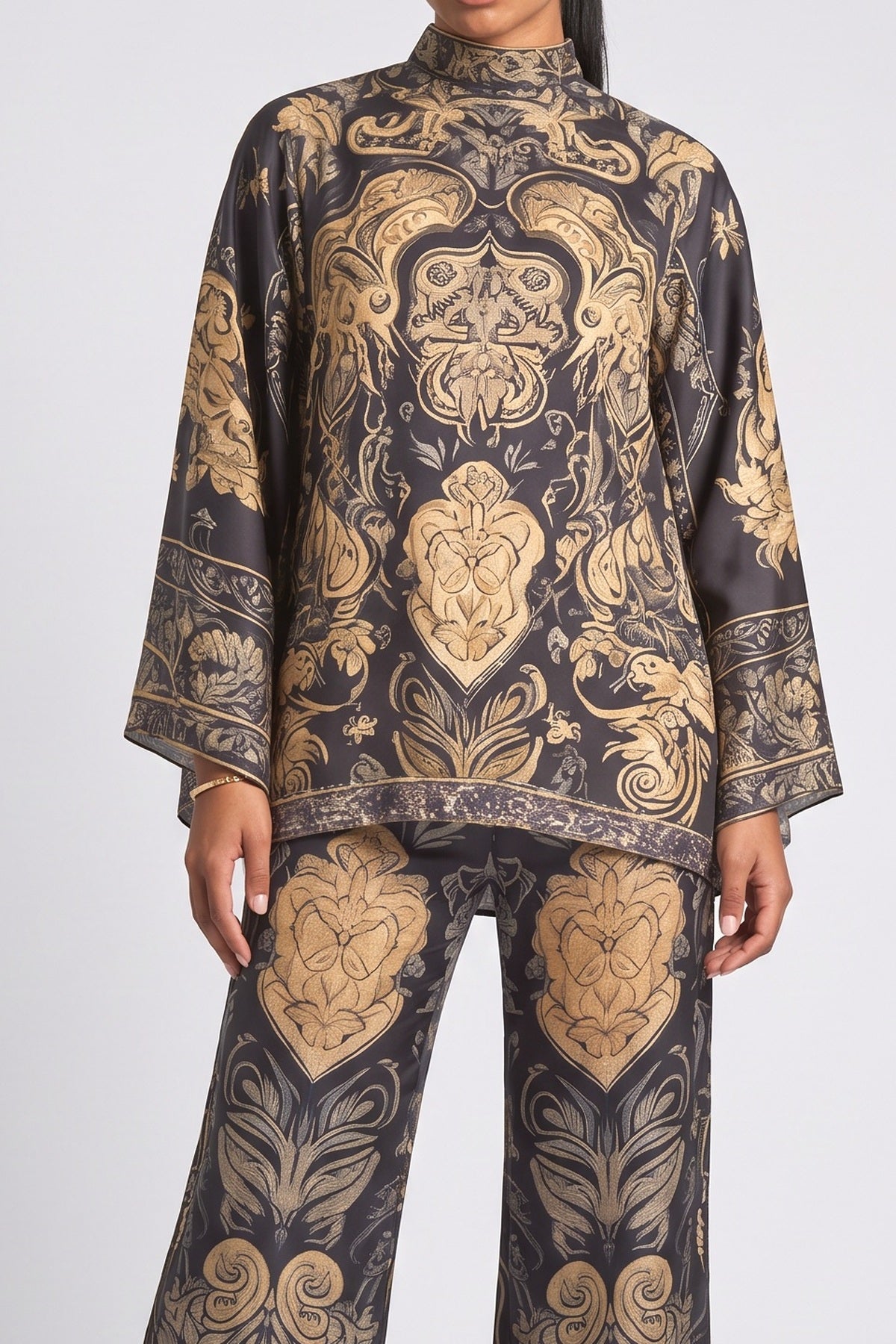 Blue High Neck Batwing Sleeve Outfit Set, fabric detail