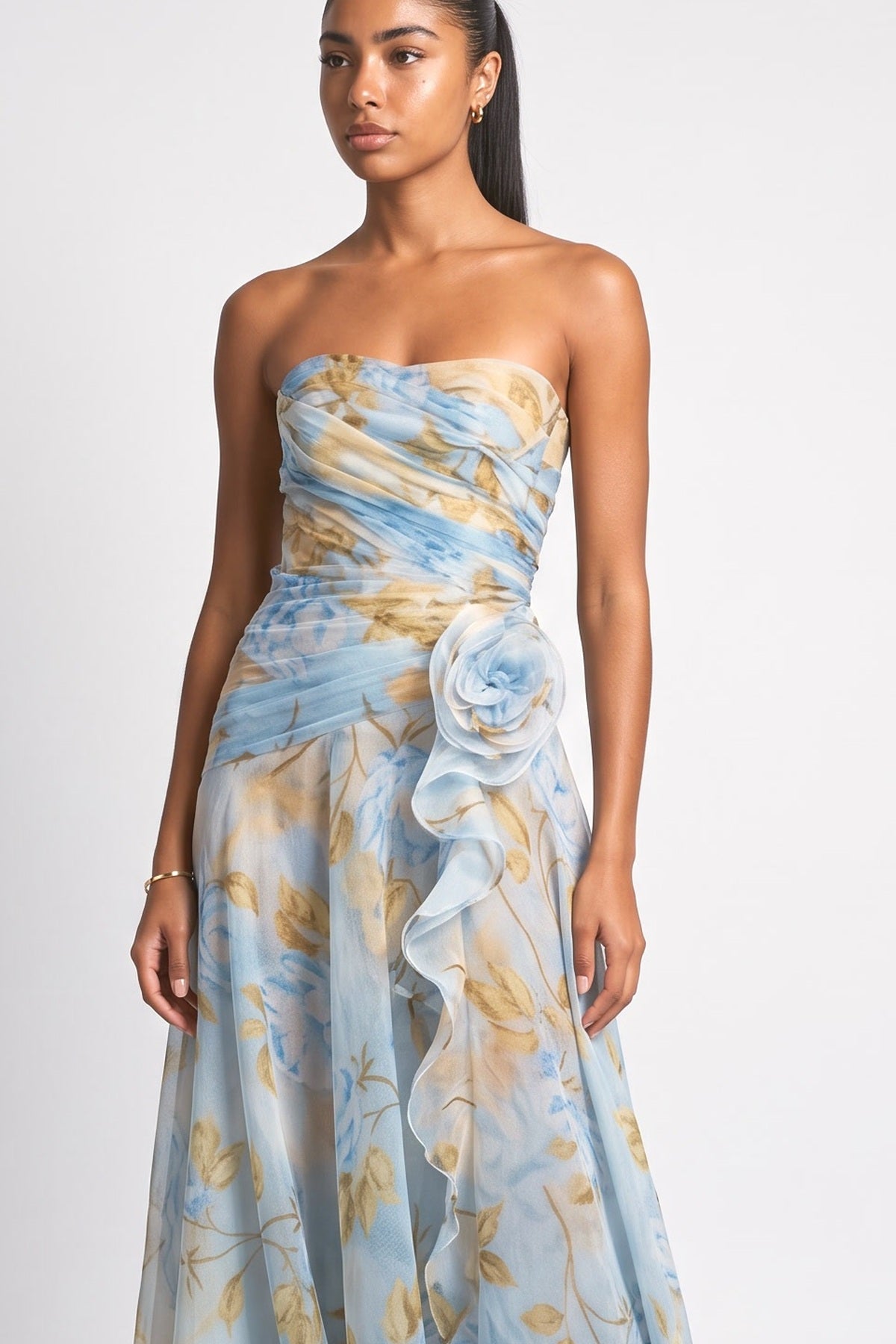 Floral Chiffon Strapless Maxi Dress, fabric detail