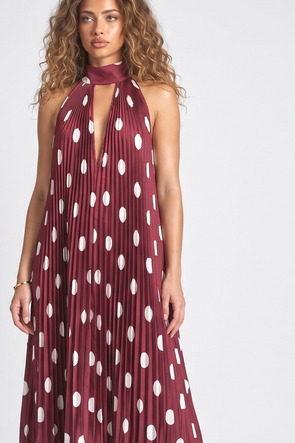 Polka Dot Halter Neck Maxi Dress, fabric detail