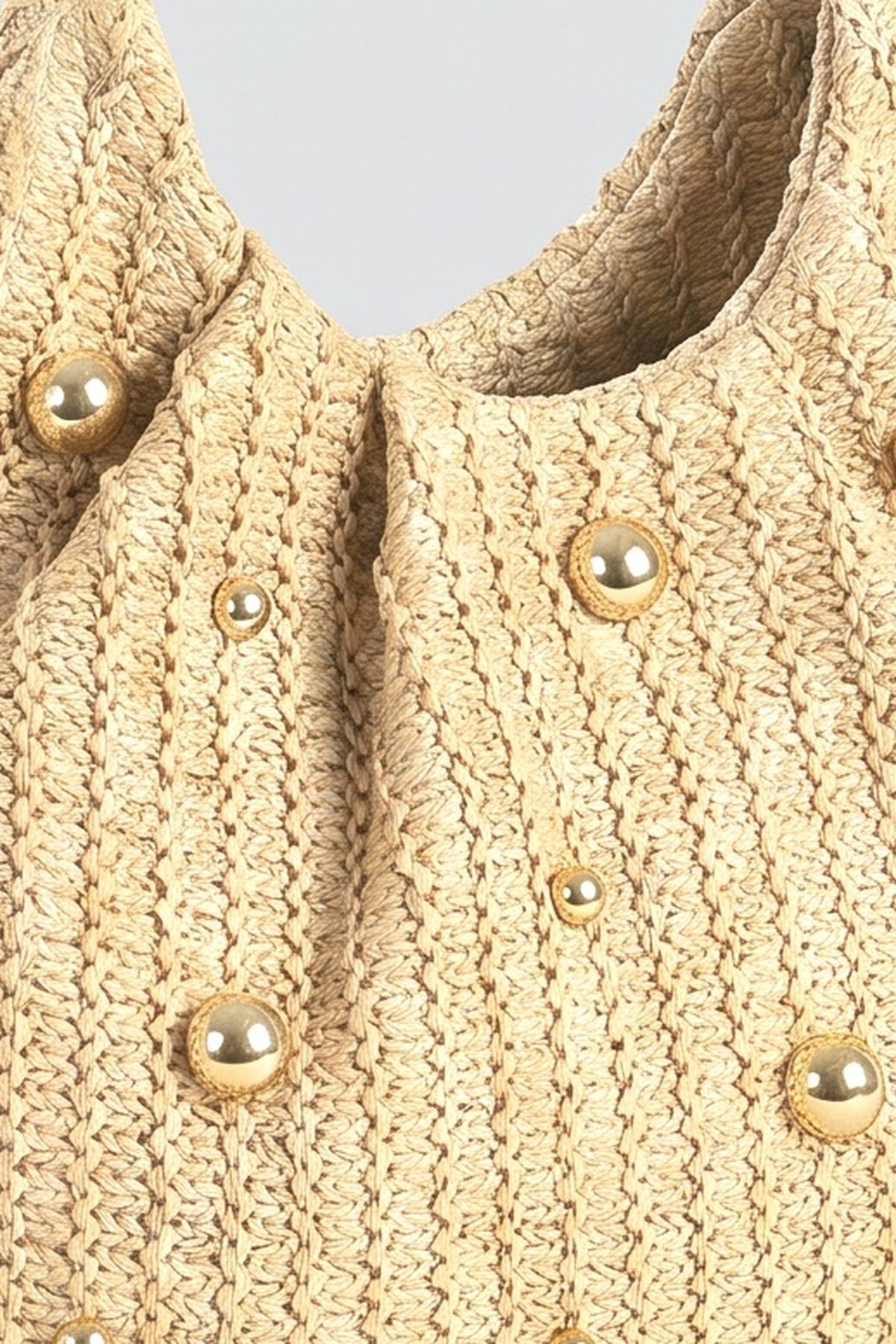 Beaded Woven Straw Ring Handle Handbag, fabric detail