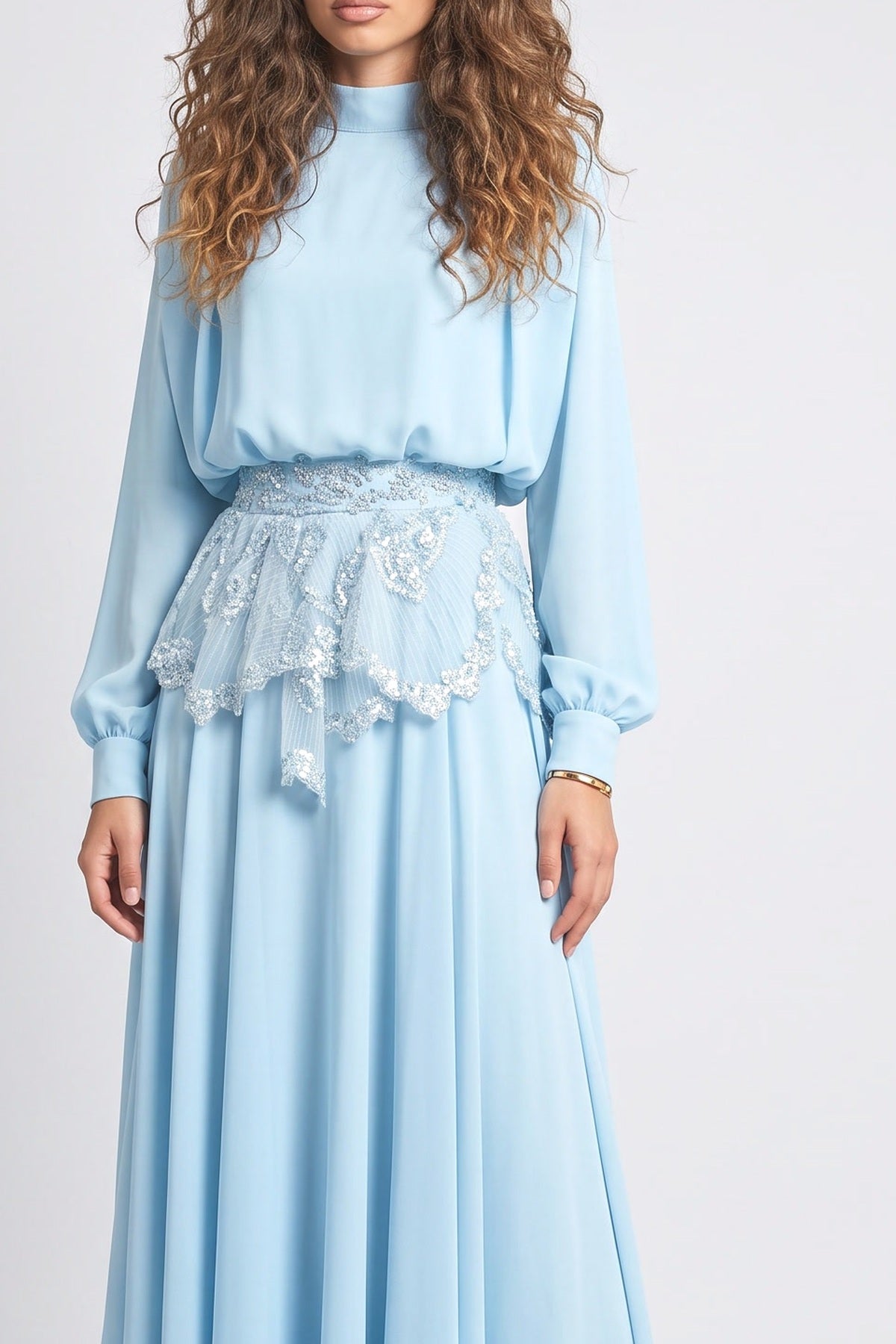 Chiffon High Neck Flowy Outfit Set, fabric detail
