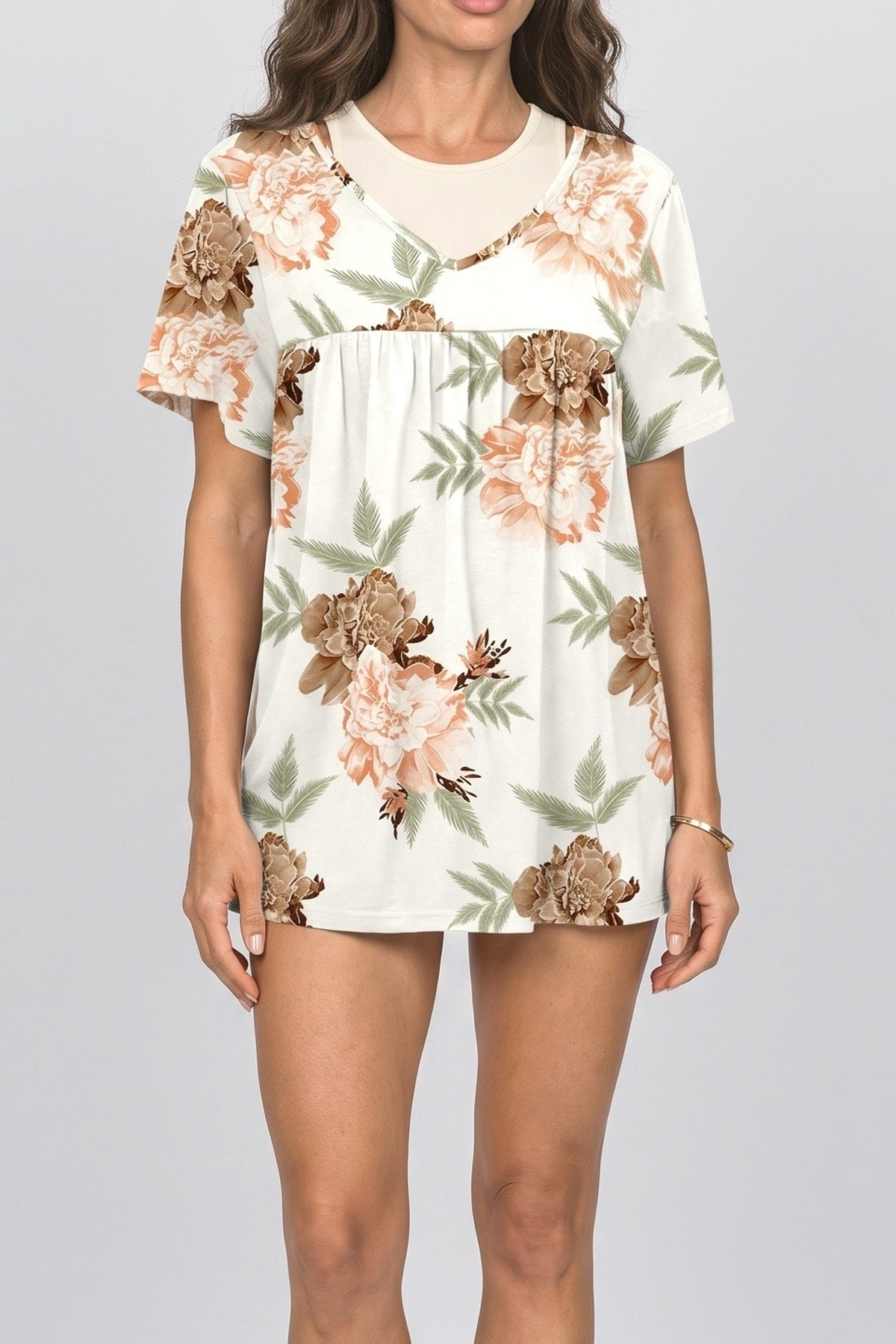 V-Neck Print Short Sleeve Blouse, fabric detail
