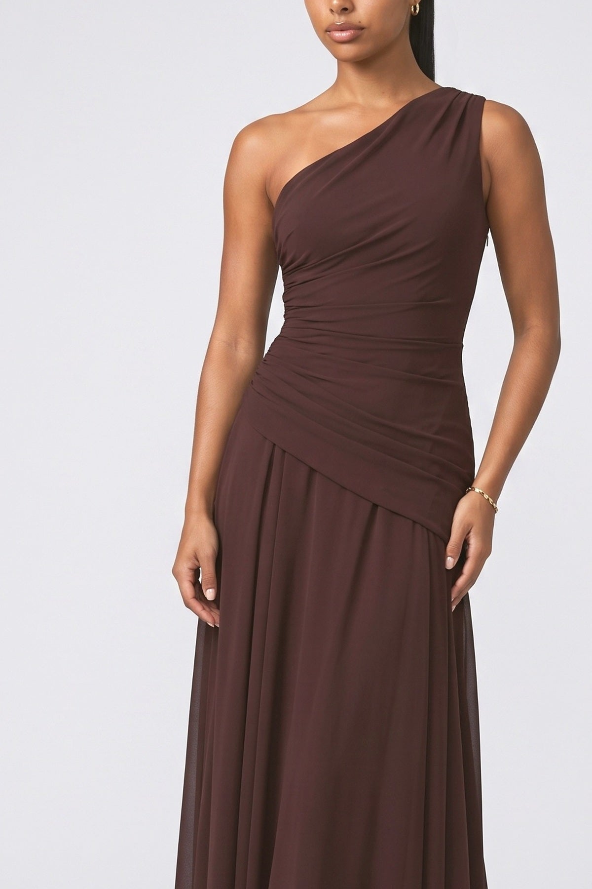 Chiffon One-Shoulder Ruched Maxi Dress, fabric detail