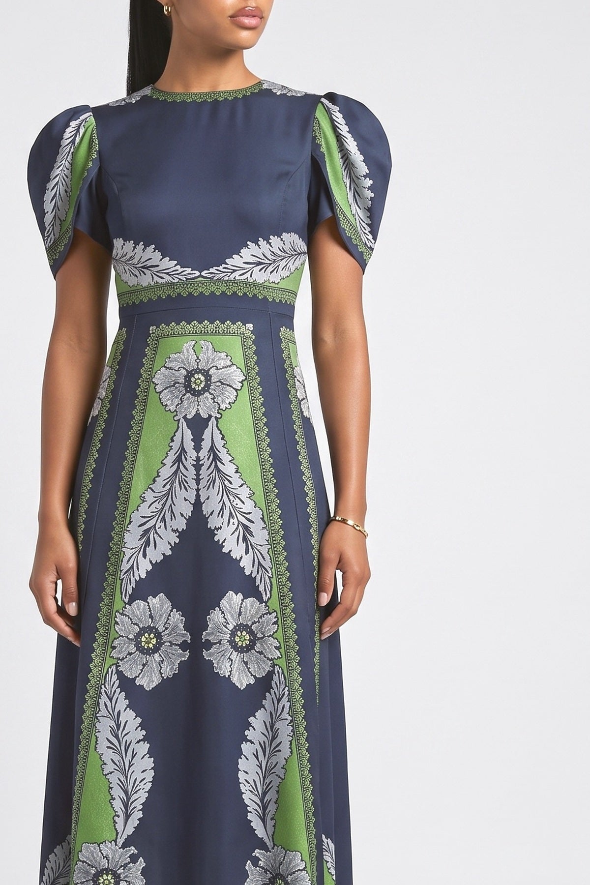 Navy Print Satin Midi Dress, fabric detail