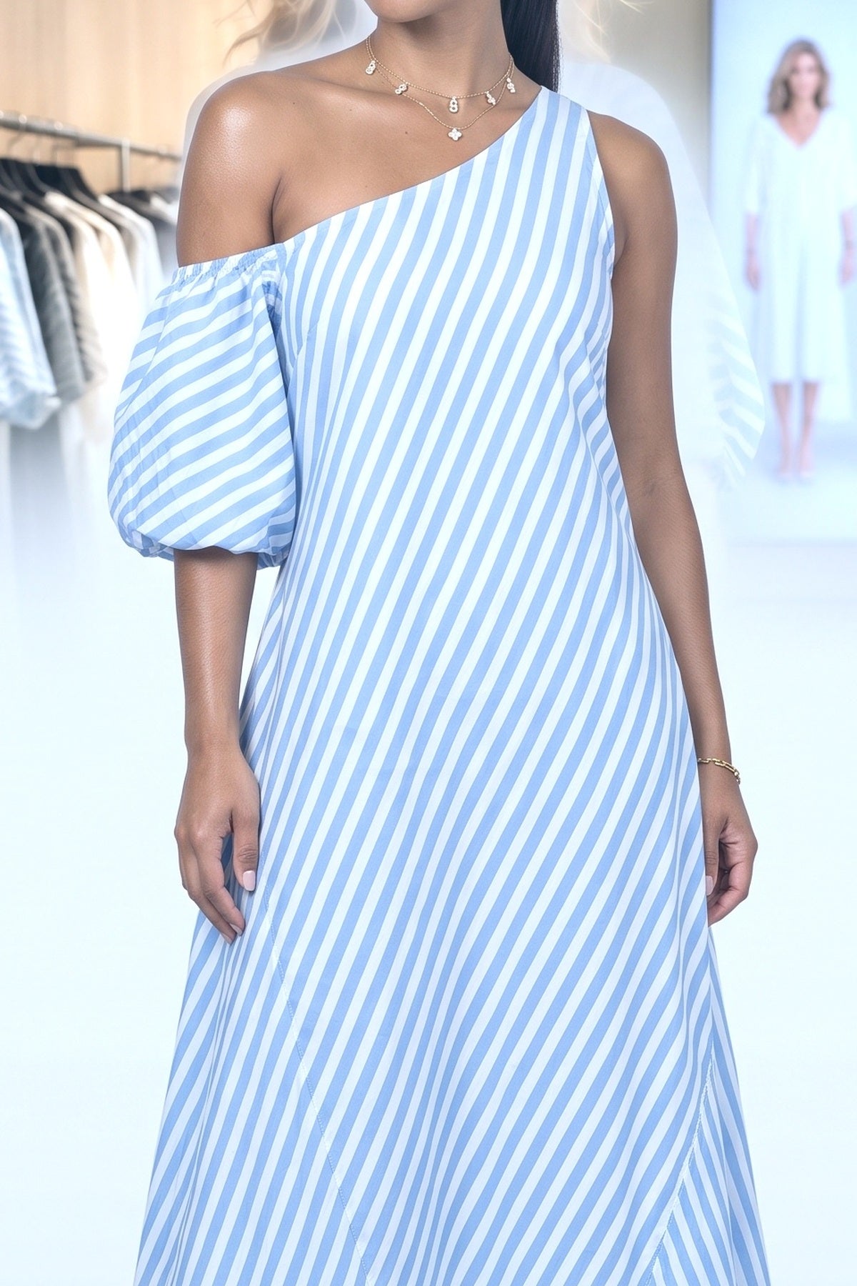 One-Shoulder Striped Puff Sleeve Maxi Dress, fabric detail