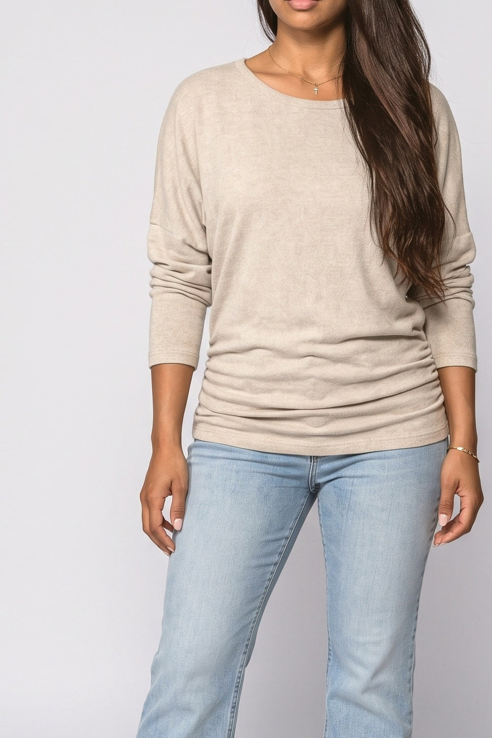 Knit Batwing Sleeve Ruched Pullover Sweater, fabric detail