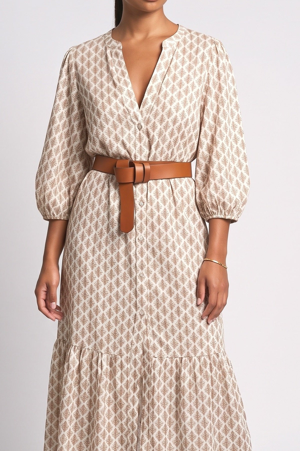 Beige V-Neck Midi Dress, fabric detail