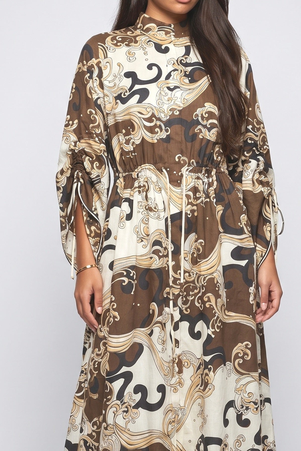 Brown Abstract Long Sleeve Maxi Dress, fabric detail