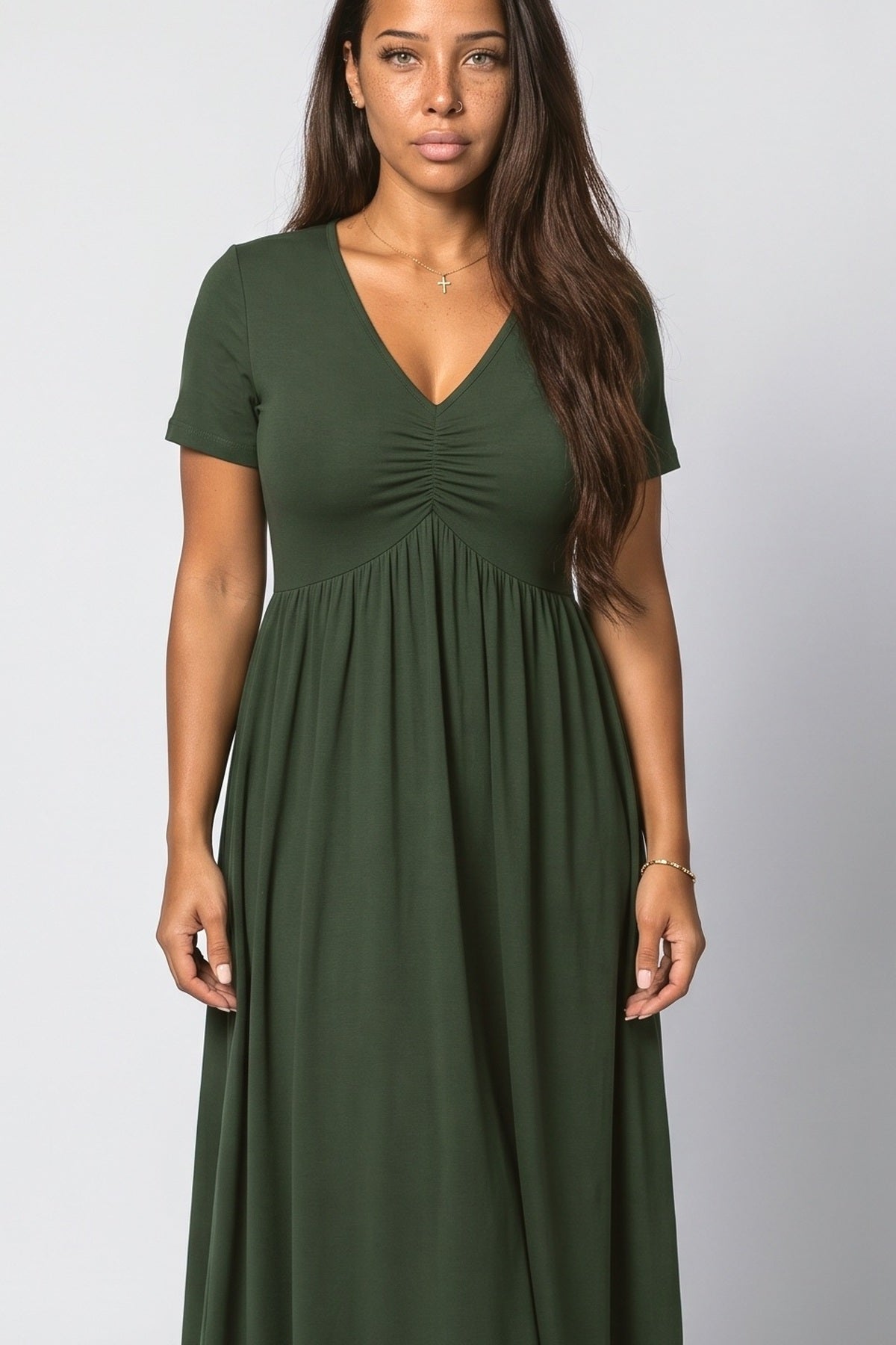 V-Neck Ruched Midi Dress, fabric detail
