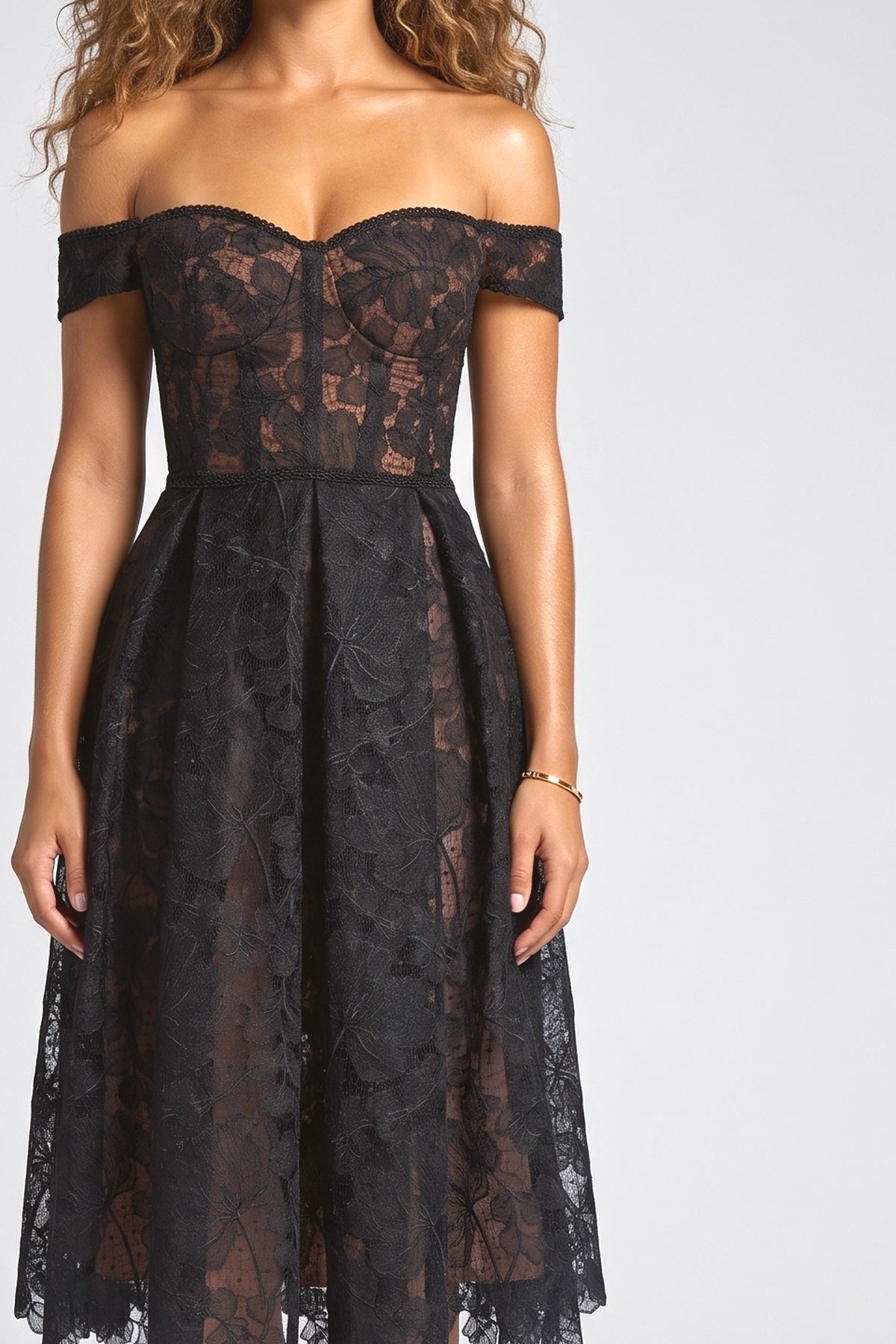 Black Lace Off-Shoulder Cutout Midi Dress, fabric detail