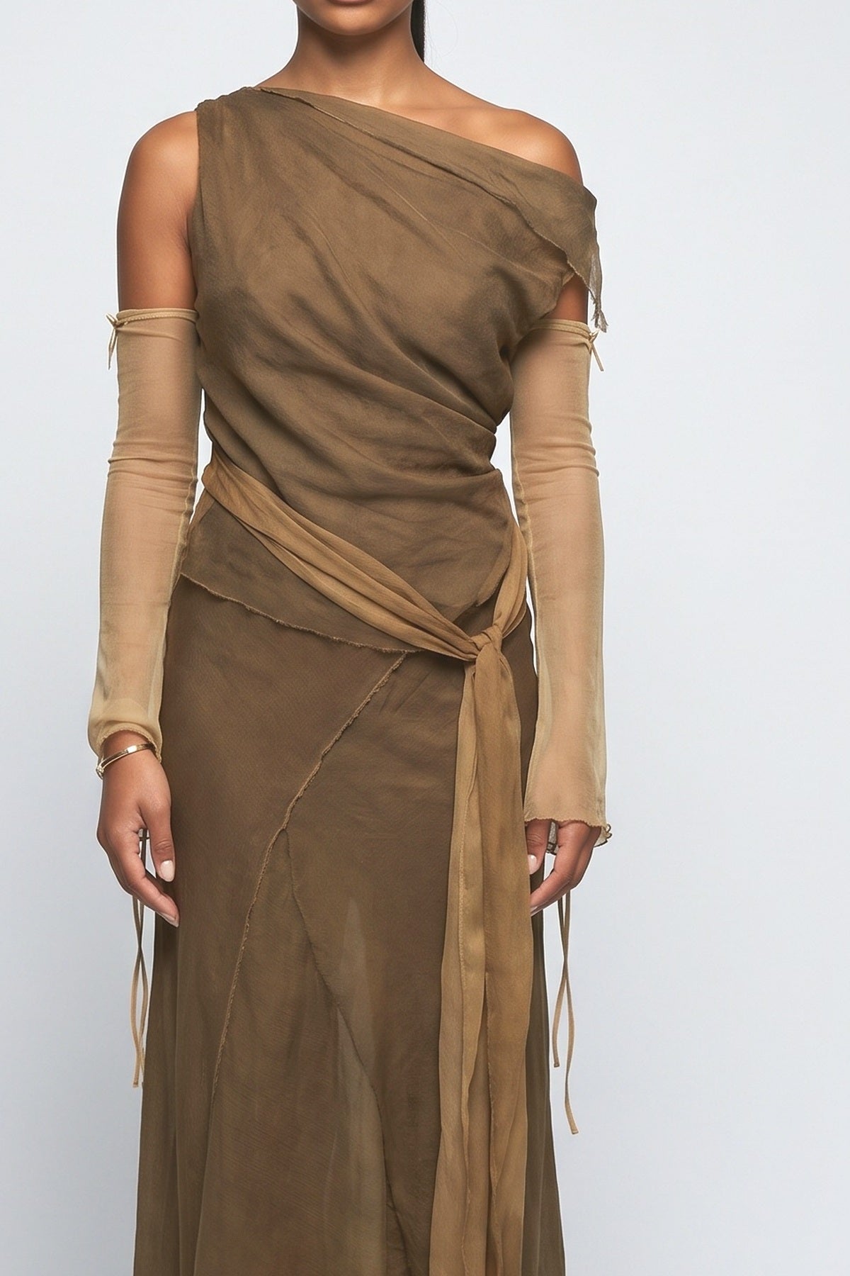 Brown Off-Shoulder Draped Outfit Set, fabric detail