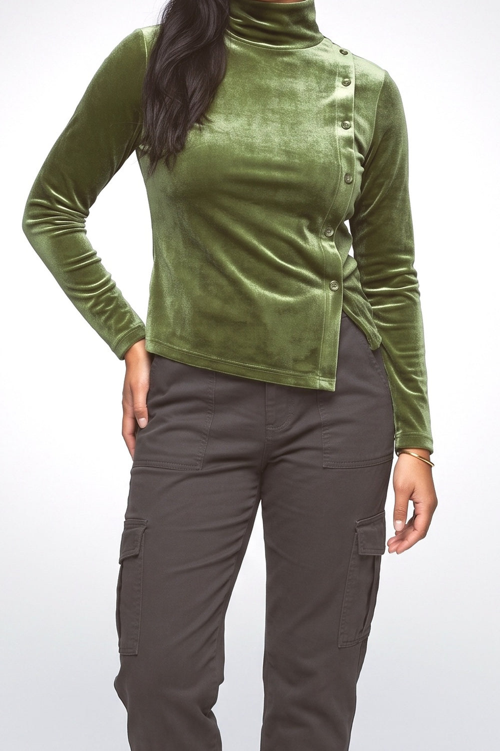 Velvet Turtleneck Asymmetric Blouse, fabric detail