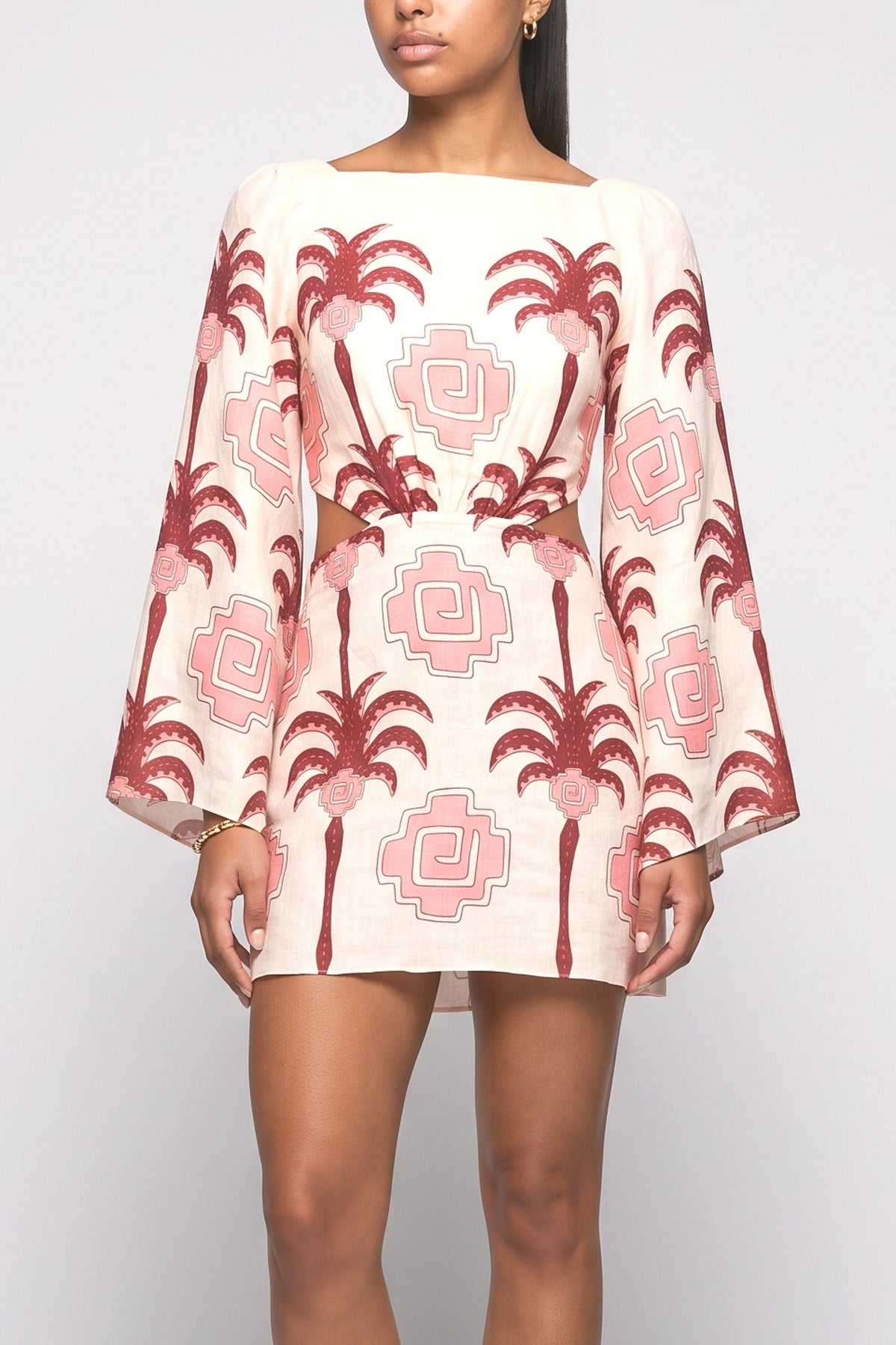 Multicolor Tropical Linen Cutout Mini Dress, fabric detail