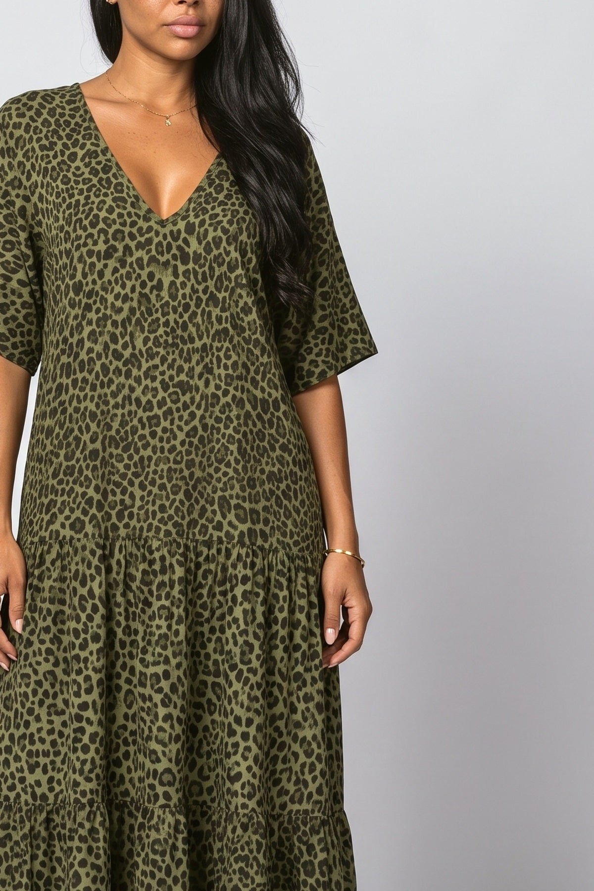 Green V-Neck Leopard Maxi Dress, fabric detail