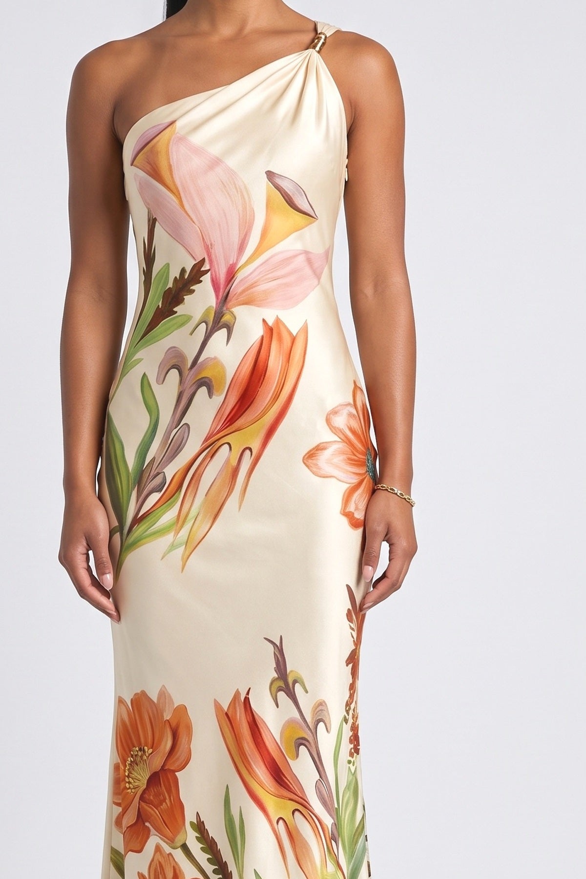Beige Floral Satin One-Shoulder Maxi Dress, fabric detail
