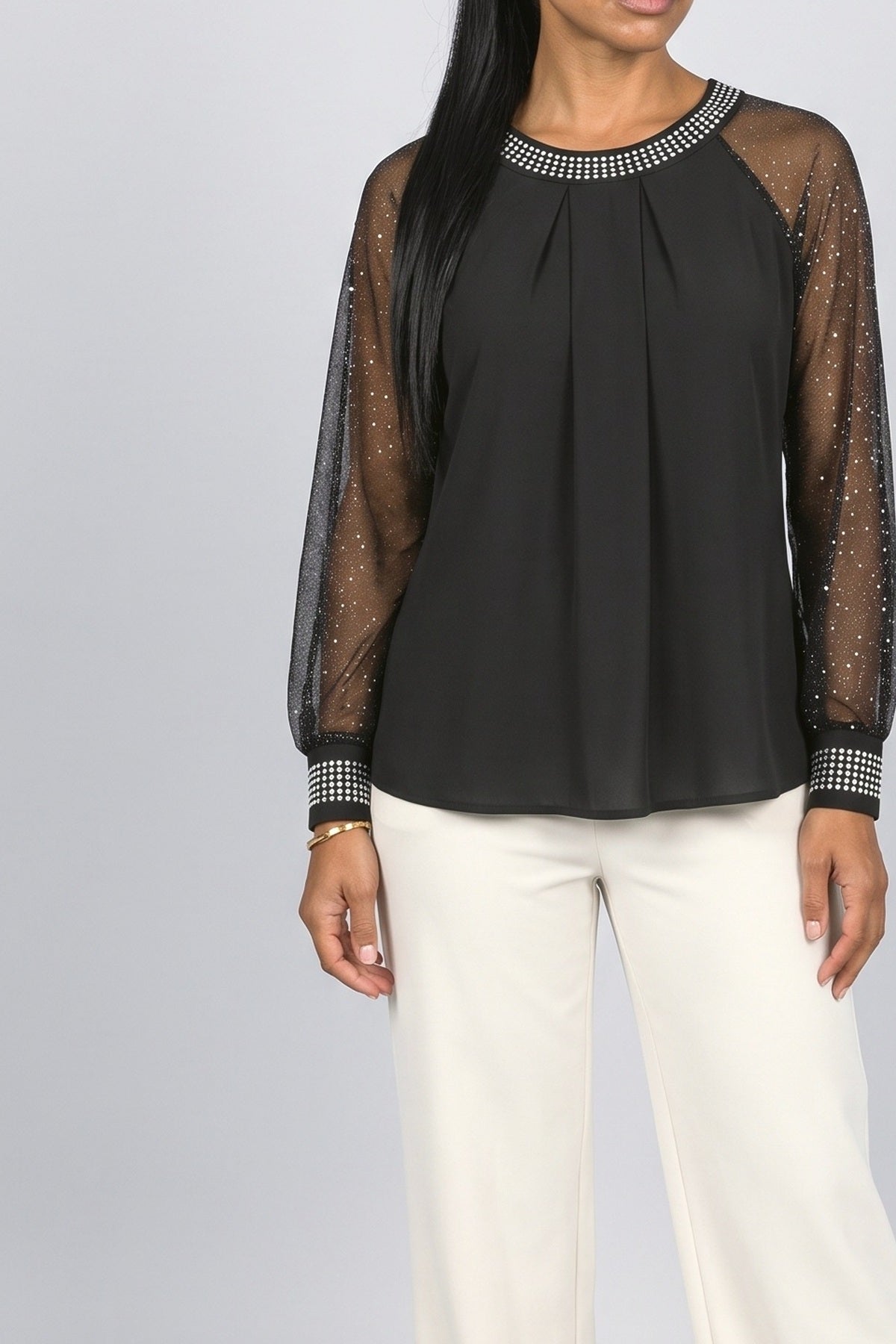 Black Sequin Pleated Blouse, fabric detail