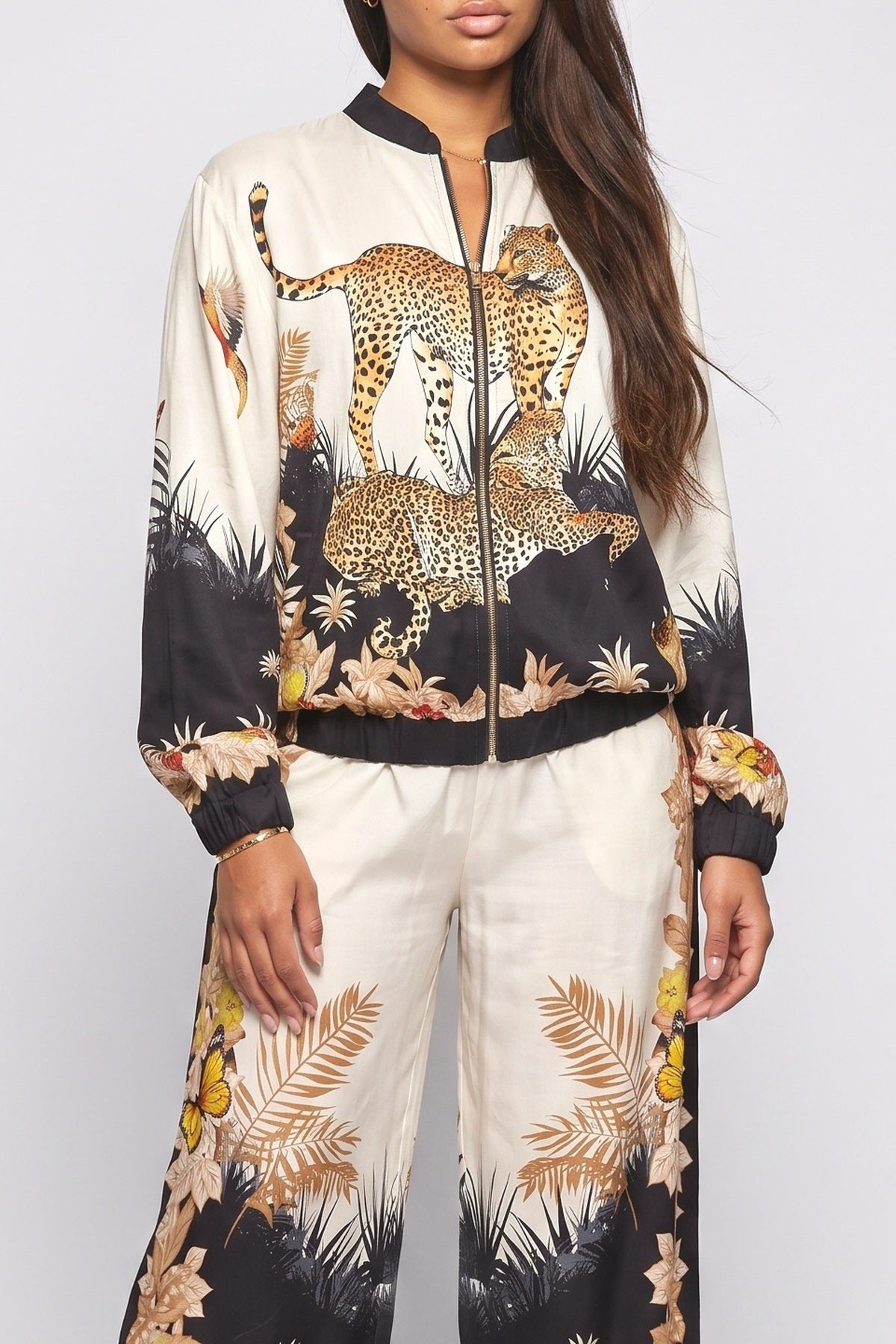 Exotic Jungle Print Zip-Up Shirt & Wide Leg Pants Set, fabric detail