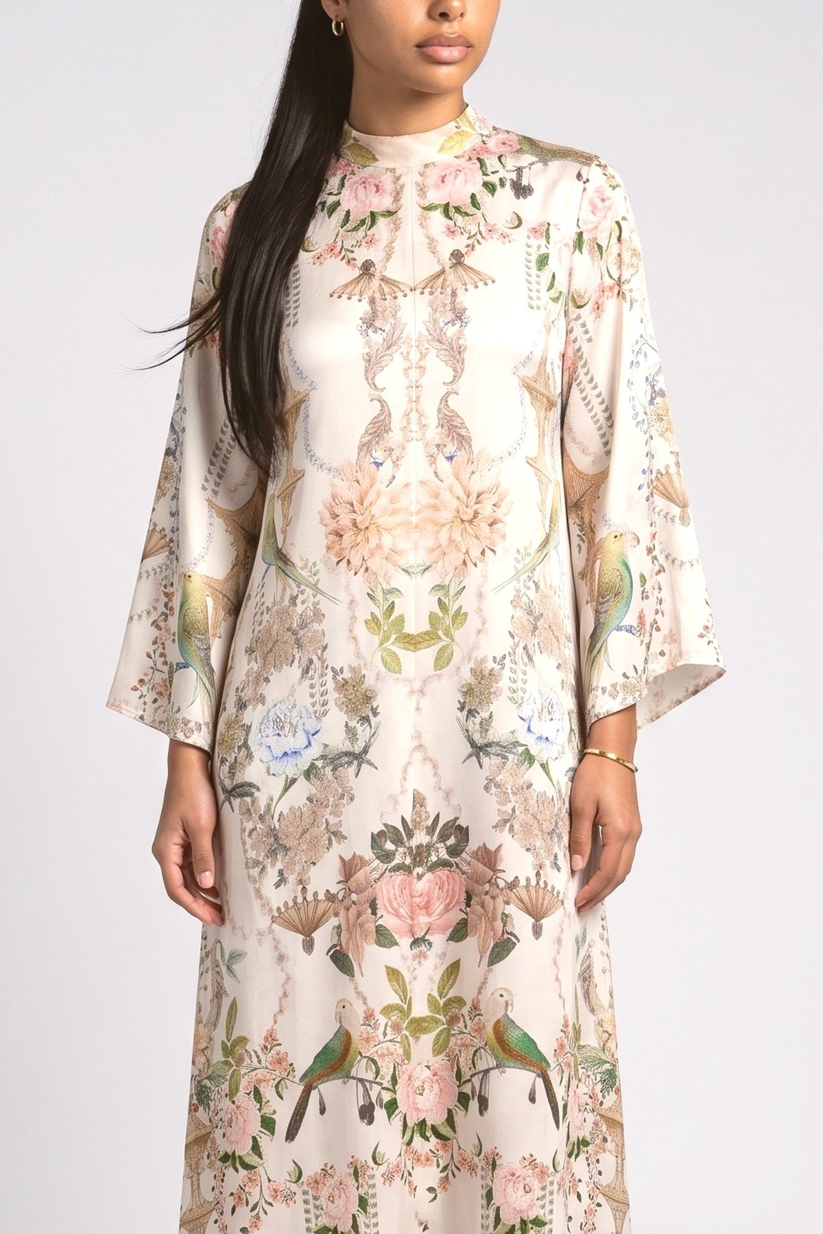 Multicolor Floral Satin Maxi Dress, fabric detail