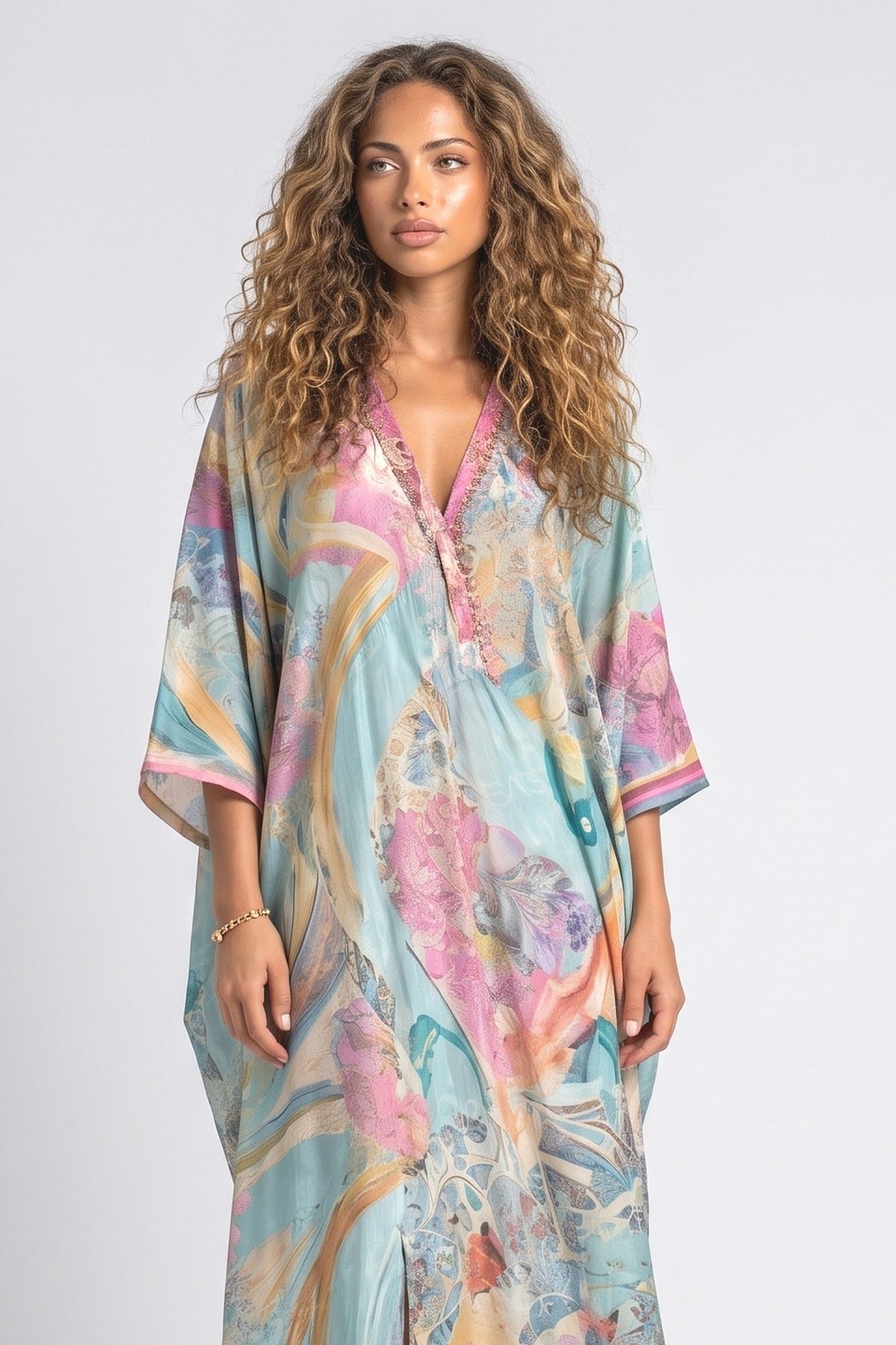 Bohemian Print Drop-Shoulder Loose Maxi Dress, fabric detail