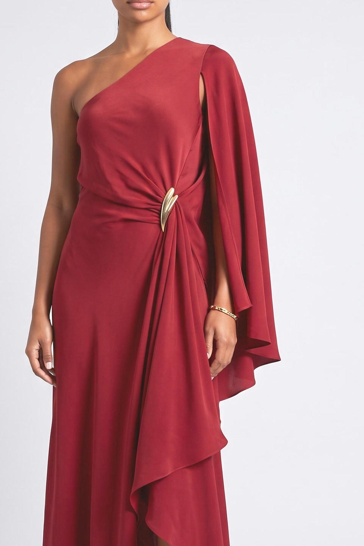 Red One-Shoulder Draped Maxi Dress, fabric detail