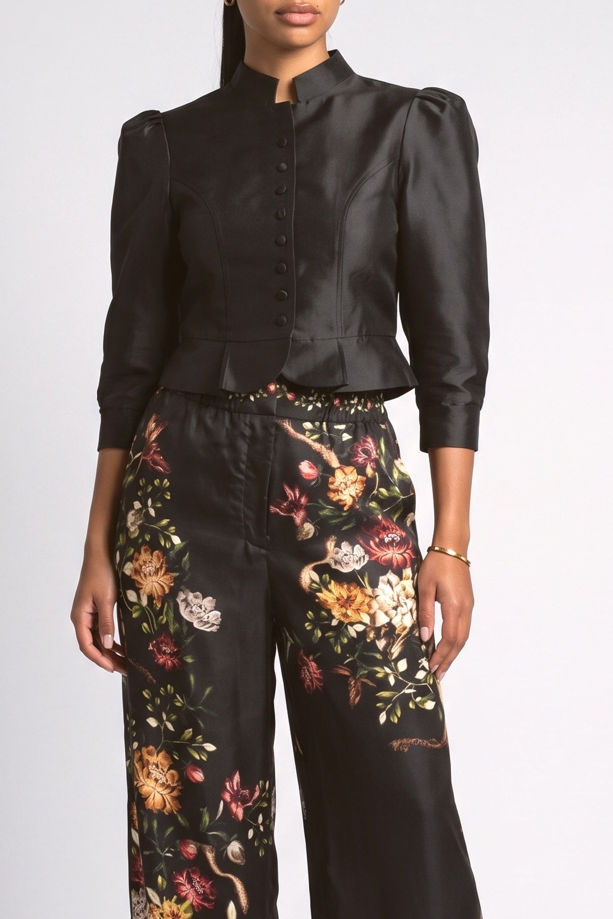 Black Floral Satin Ruched Outfit Set, fabric detail