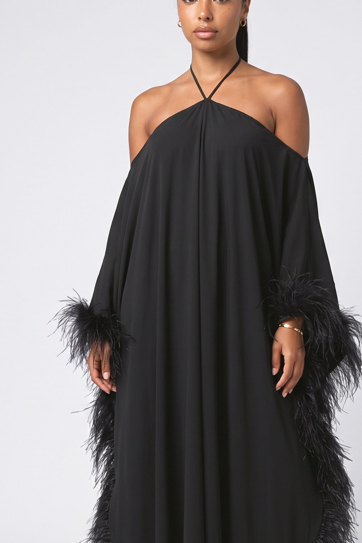 Halter Neck Feather Trim Maxi Dress, fabric detail