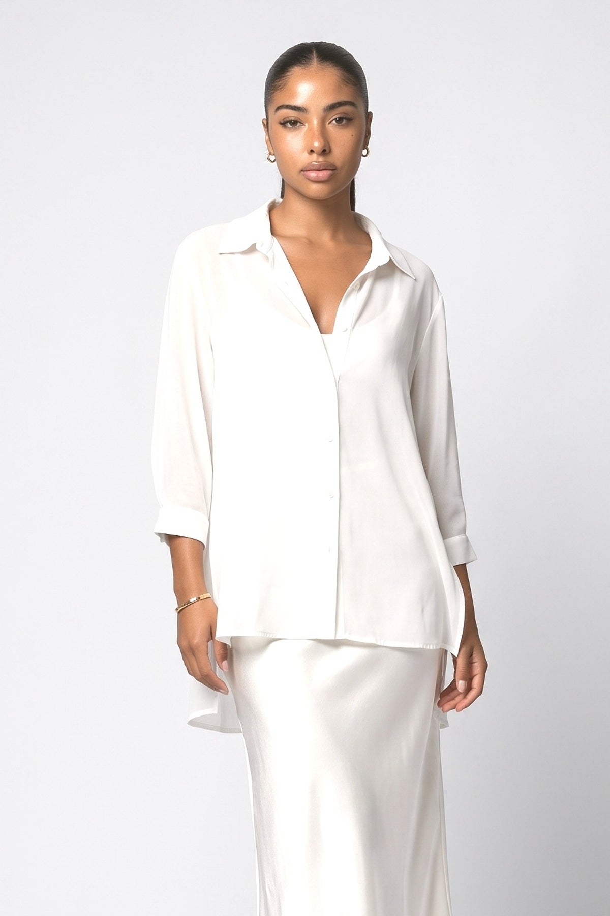 Beige Satin Flowy Outfit Set, fabric detail