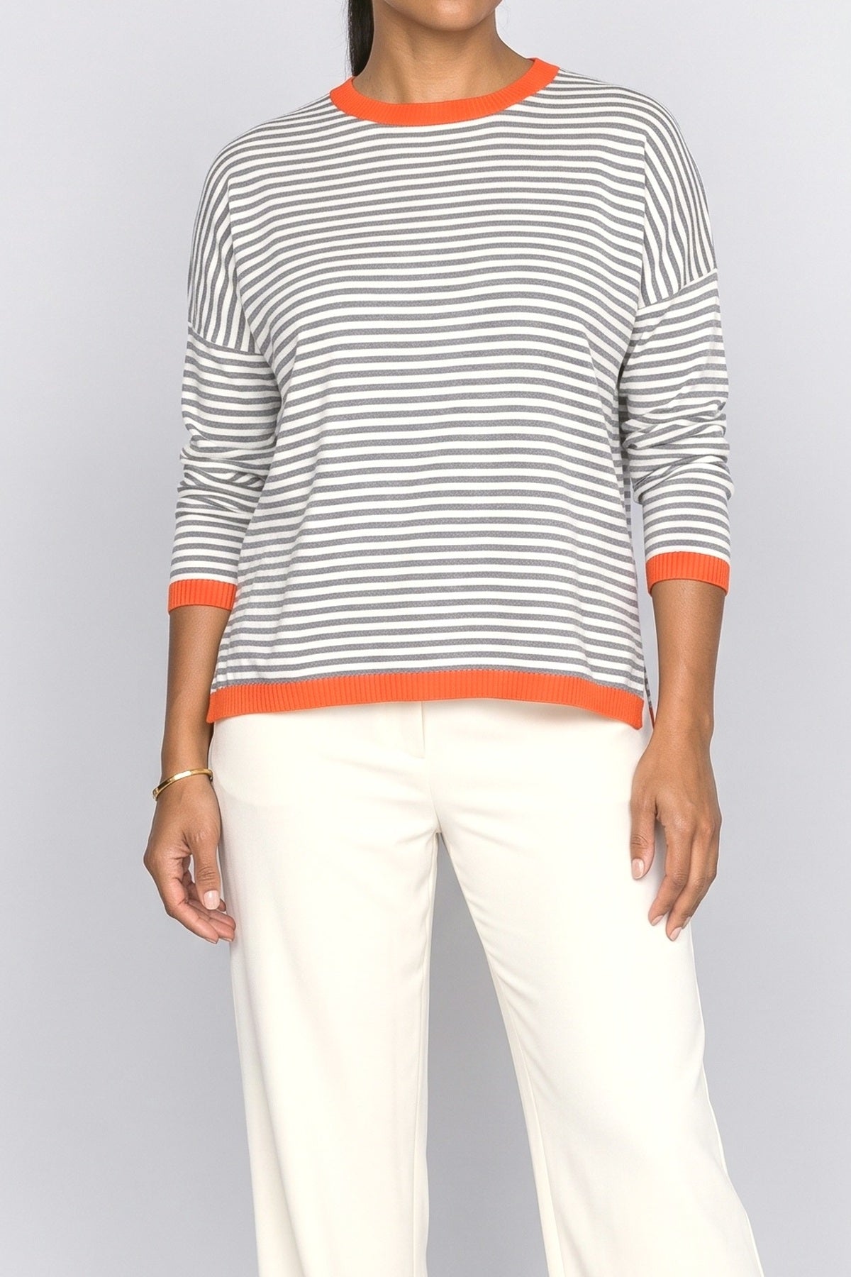 White Striped Long Sleeve Pullover Sweater, fabric detail