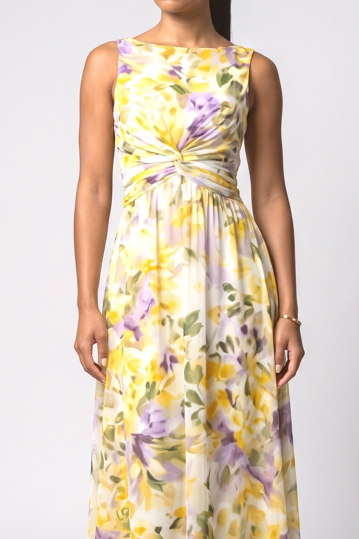 Yellow Floral Chiffon Sleeveless Maxi Dress, fabric detail