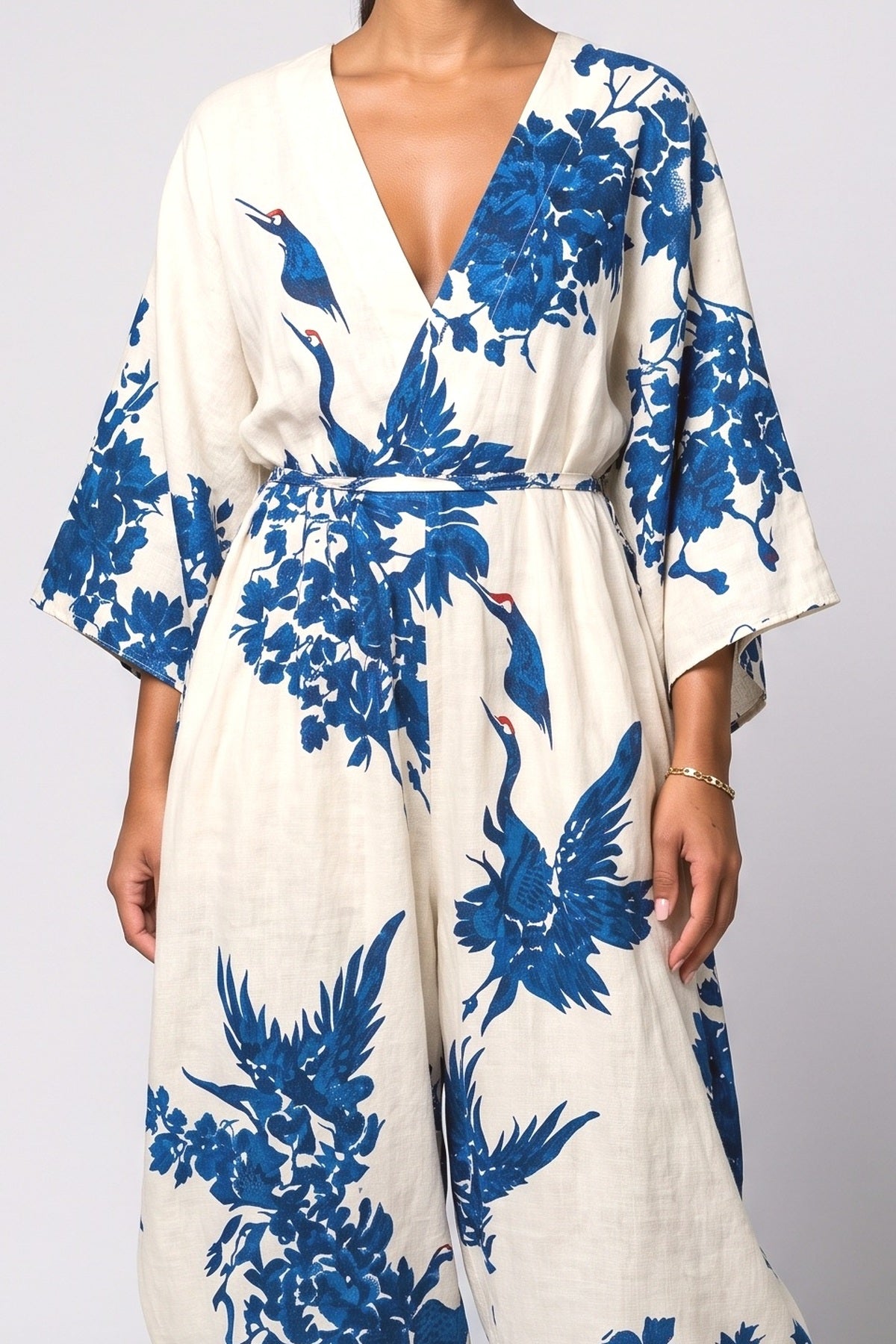 White Linen V-Neck Relaxed Jumpsuit, fabric detail