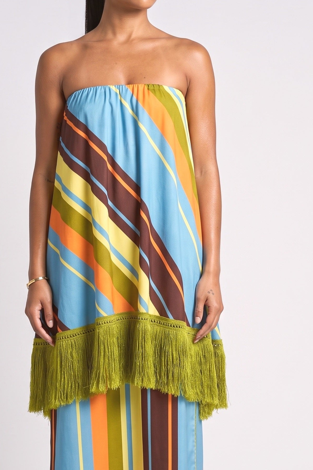 Multicolor Striped Strapless Fringe Maxi Dress, fabric detail
