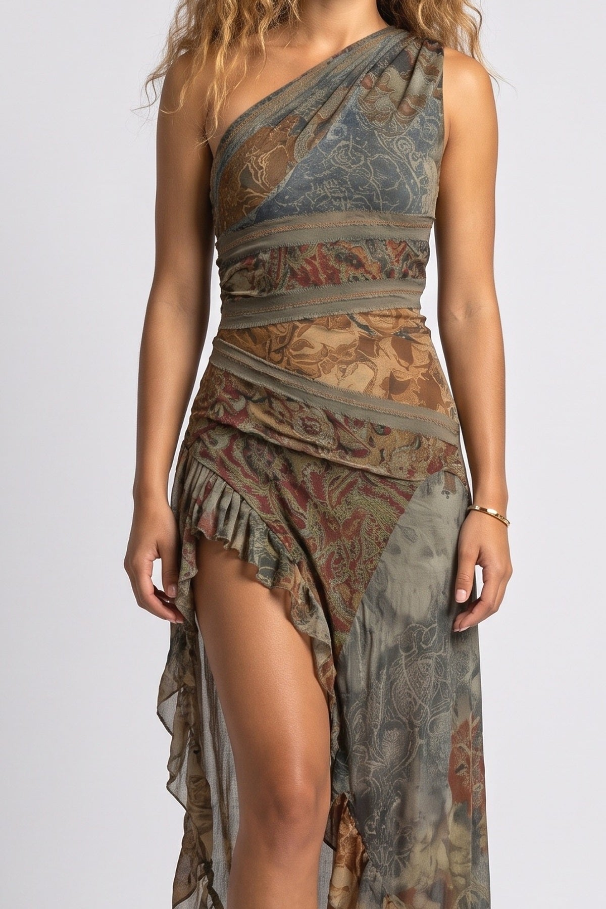 Multicolor Print Off-Shoulder Slit Dress, fabric detail