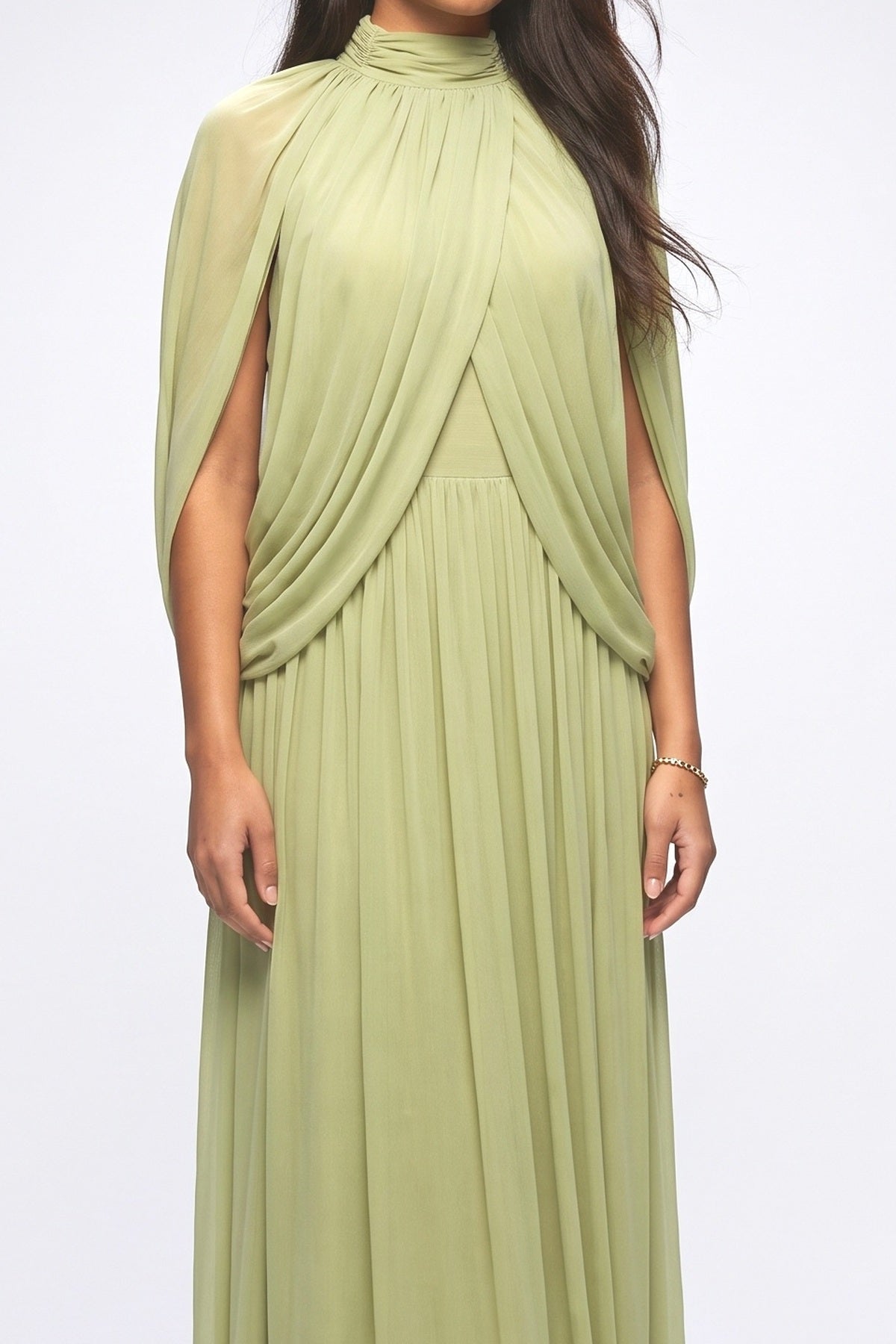 Green High Neck Pleated Maxi Dress, fabric detail
