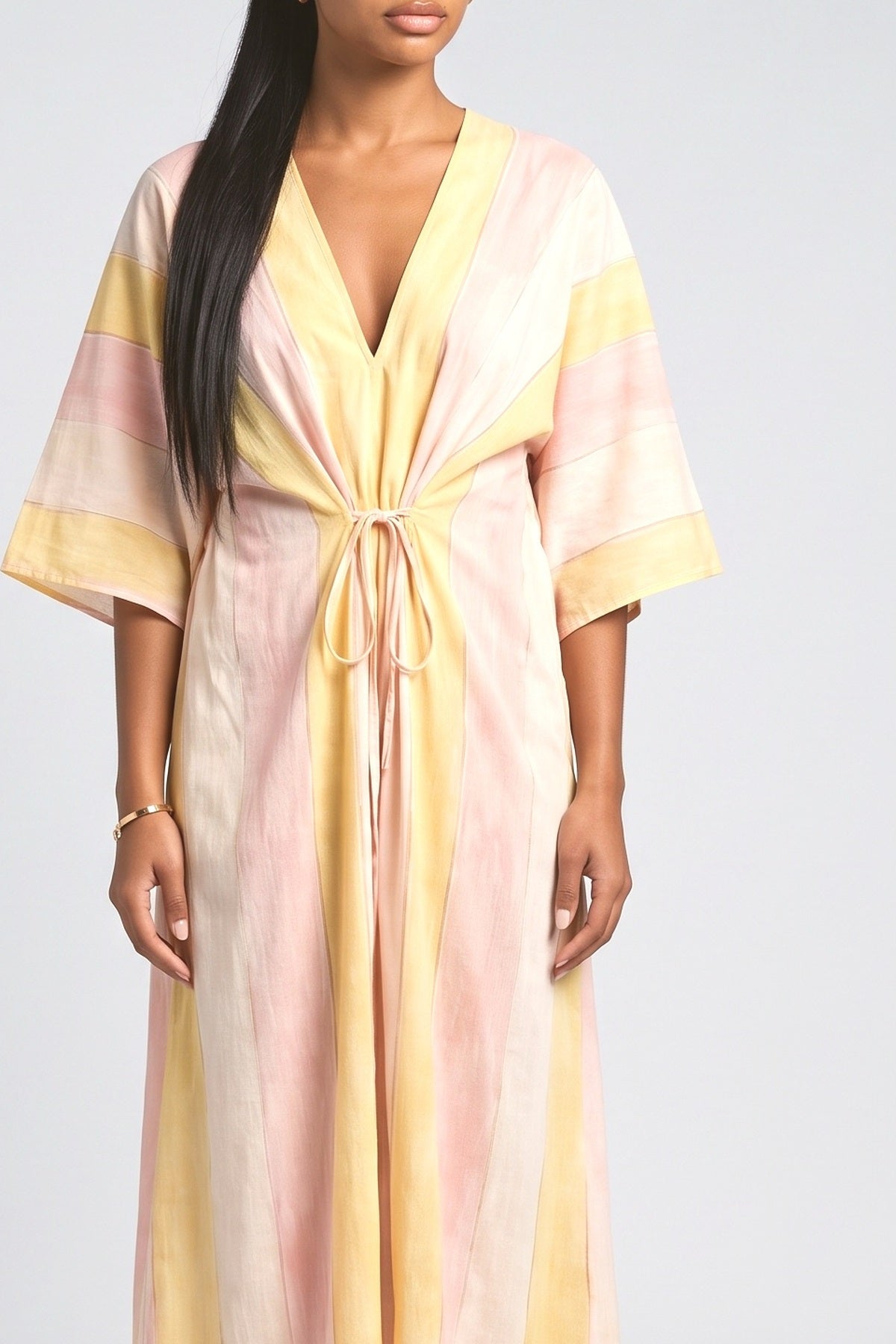 Stripe Print Tie-Waist Kaftan Maxi Dress, fabric detail