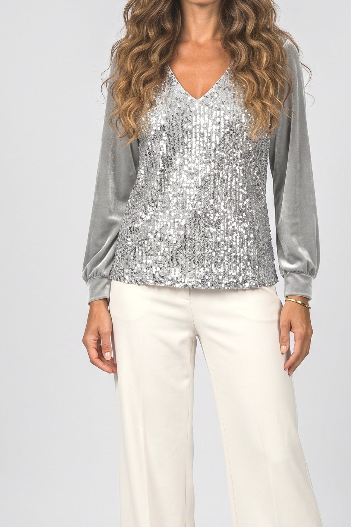 Sequin V-Neck Long Sleeve Blouse, fabric detail