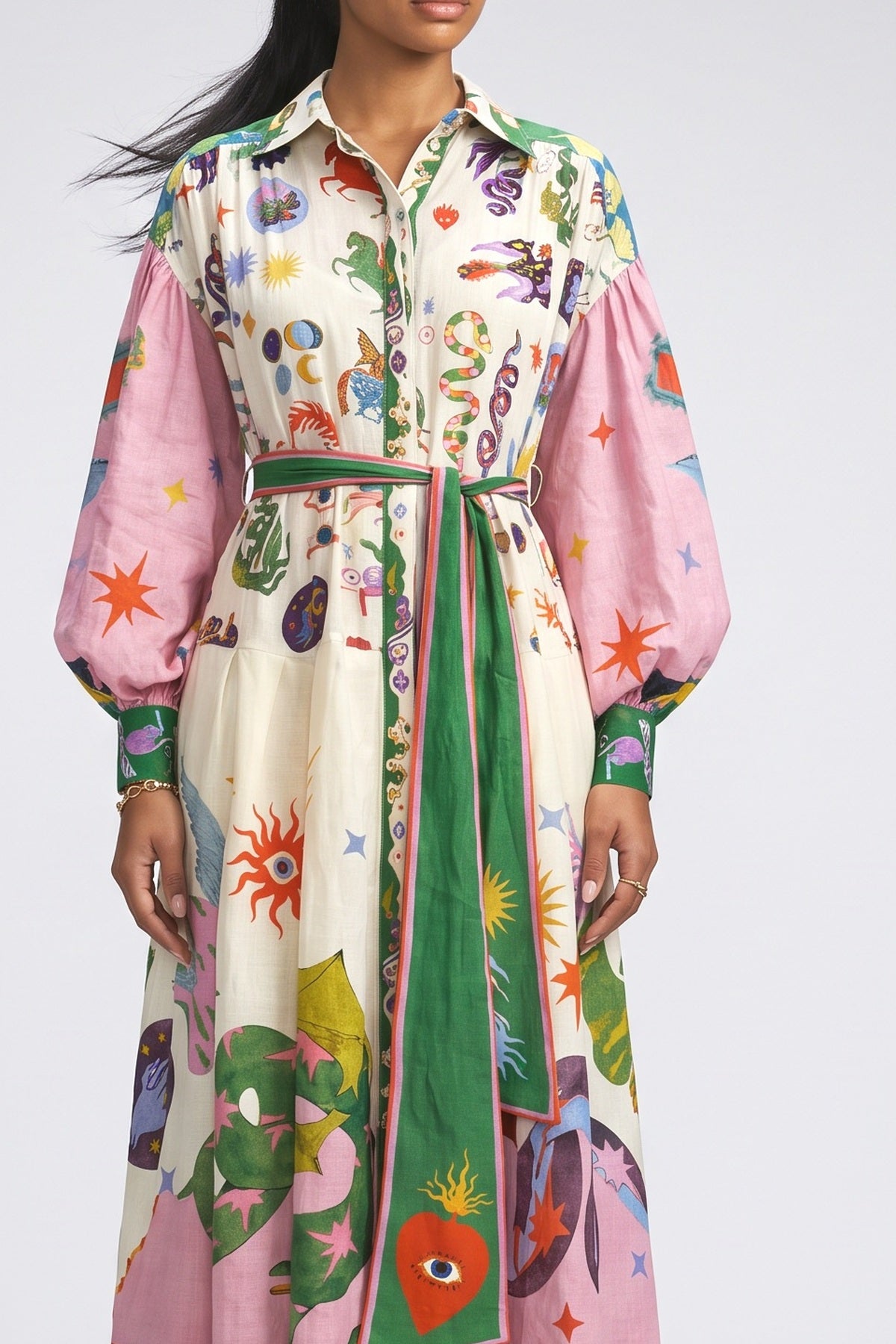 And Print Long Sleeve Shirt-Style Midi Dress, fabric detail
